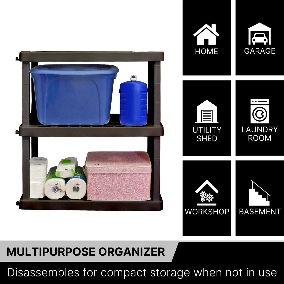 Oskar 3-tier storage shelf with kitchen items and storage totes on a white background. Text and icons to the right list places where the unit could be used: Home, garage, utility shed, laundry room, workshop, basement. Text below reads,"Multipurpose organizer: Disassembles for compact storage when not in use"