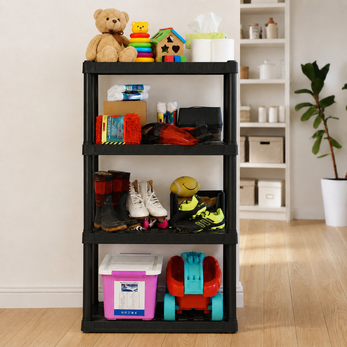 Oskar 4-Tier Plastic Shelving Unit, Black