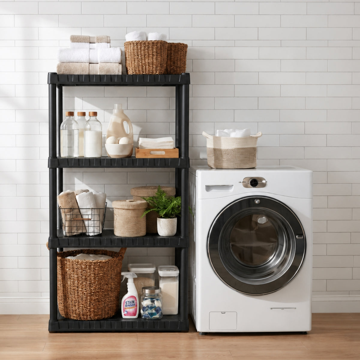 Oskar 4-Tier Plastic Shelving Unit, Black