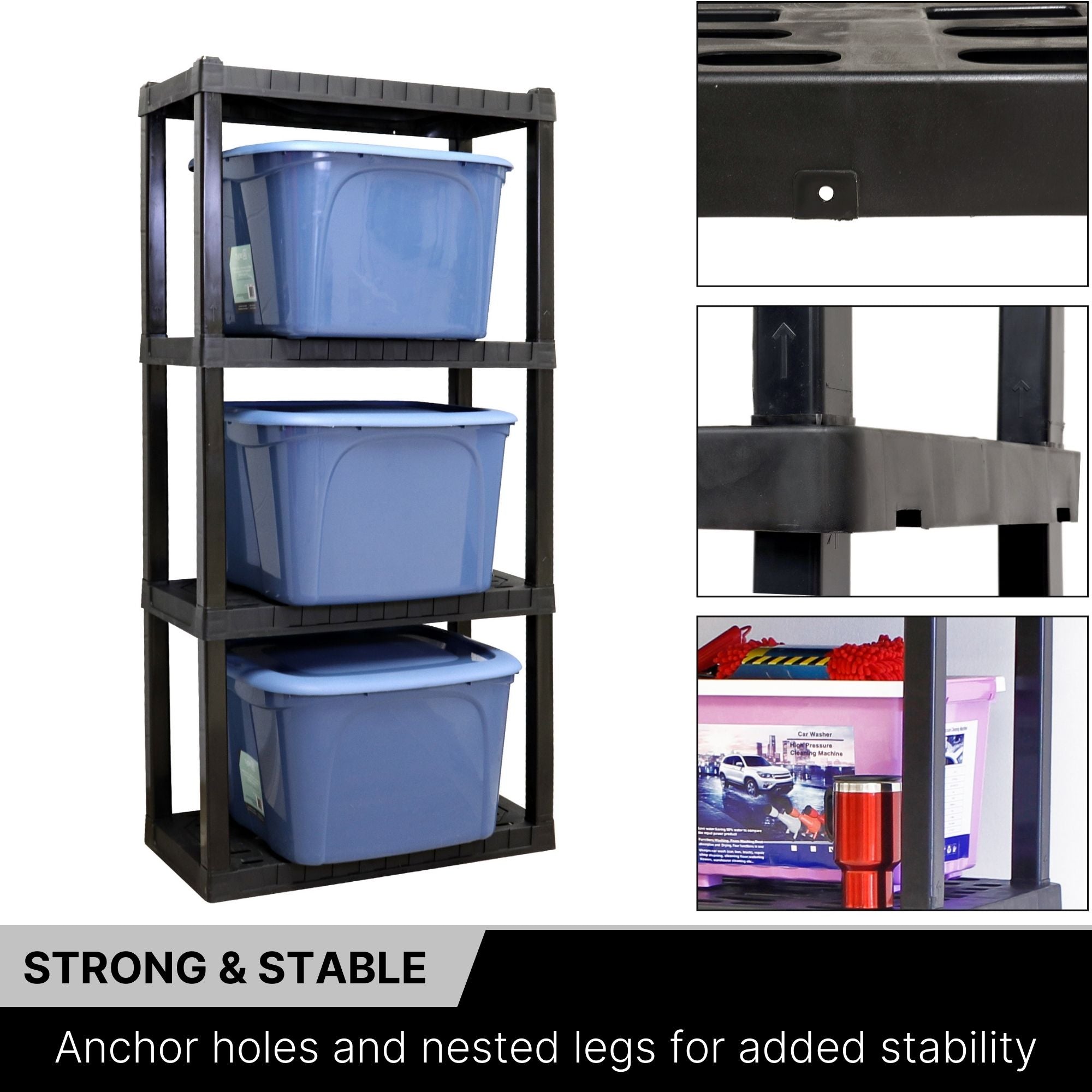 Oskar 4-tier storage shelves storage totes on the shelves on a white background on the left with 3 closeup images to the right showing the anchor holes, nested legs, and height of shelf. Text below reads, "Strong and Stable: Anchor holes and nested legs for added stability"