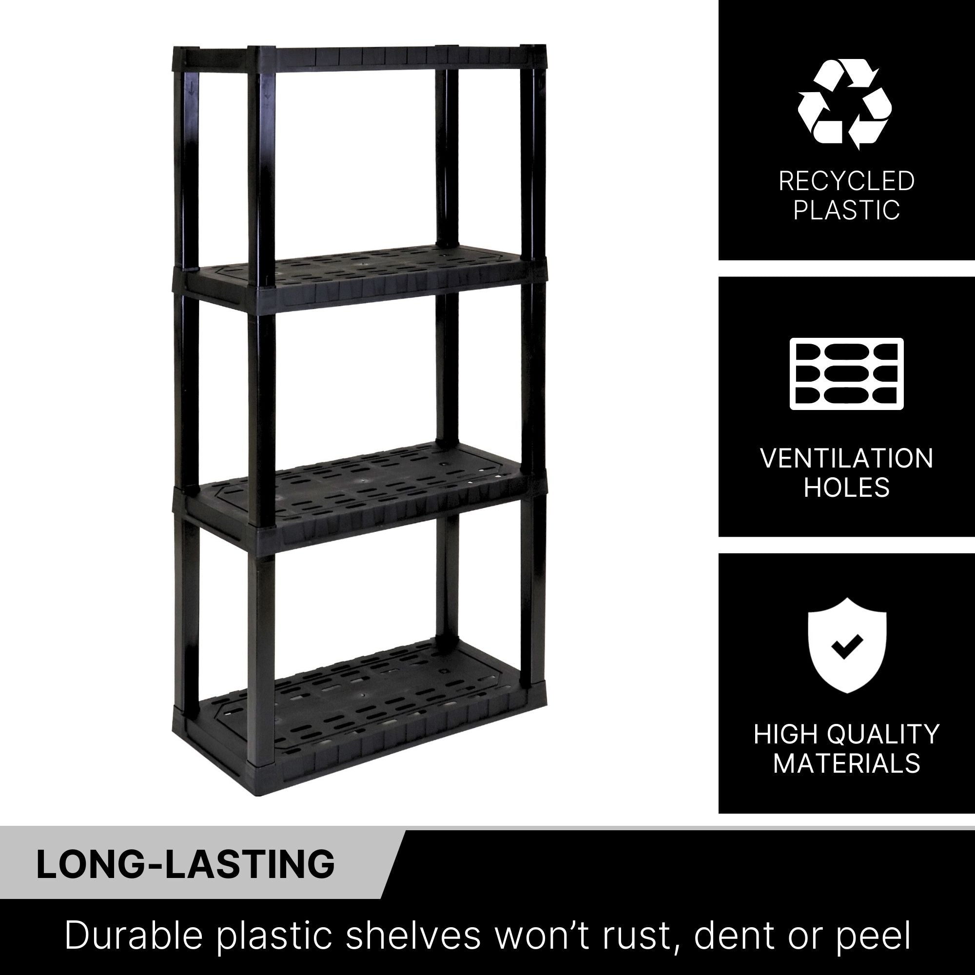 Oskar 4-tier shelf unit on a white background with text and icons to the right describing features: Recycled plastic; ventilation holes; high quality materials. Text below reads,"Long-lasting: Durable plastic shelves won’t rust, dent or peel"