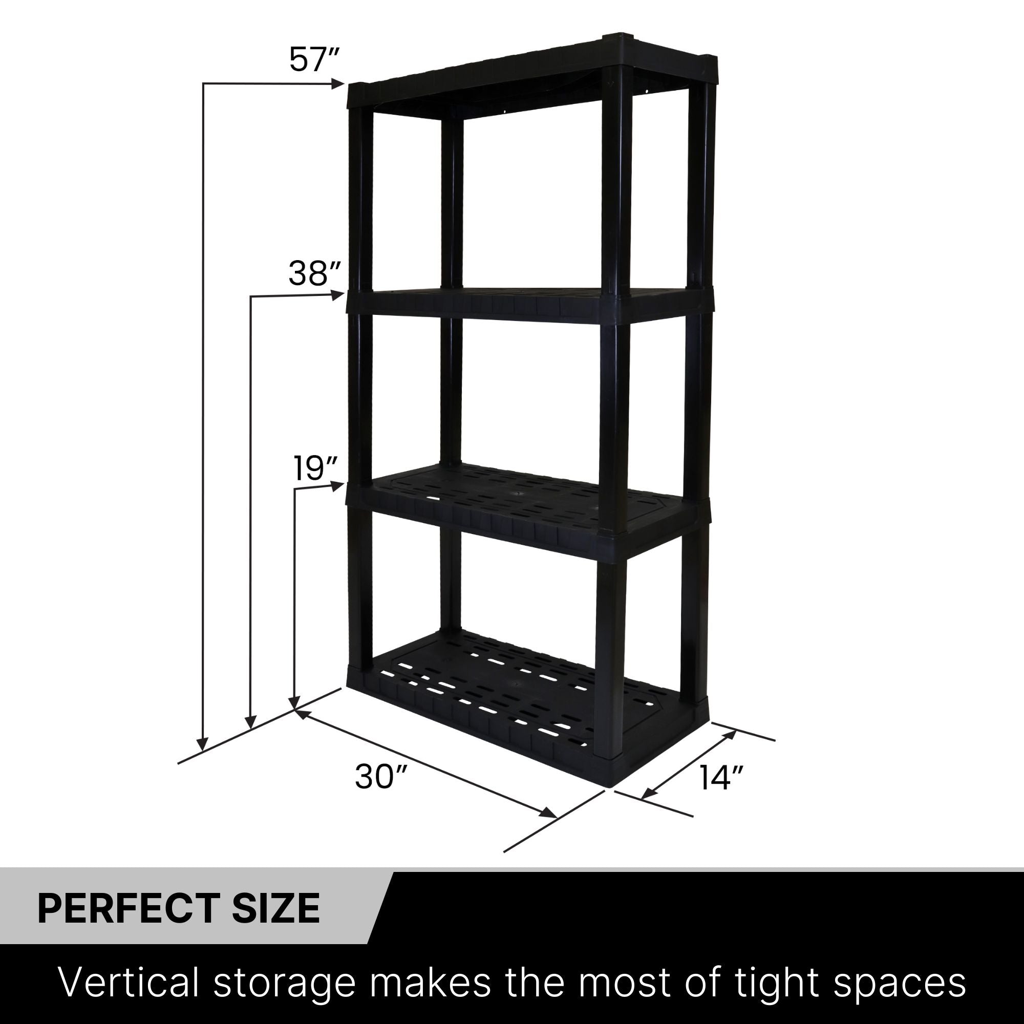 Oskar 4-tier storage shelf unit empty on a white background with dimensions labeled. Text below reads, "Perfect size: Vertical storage makes the most of tight spaces"