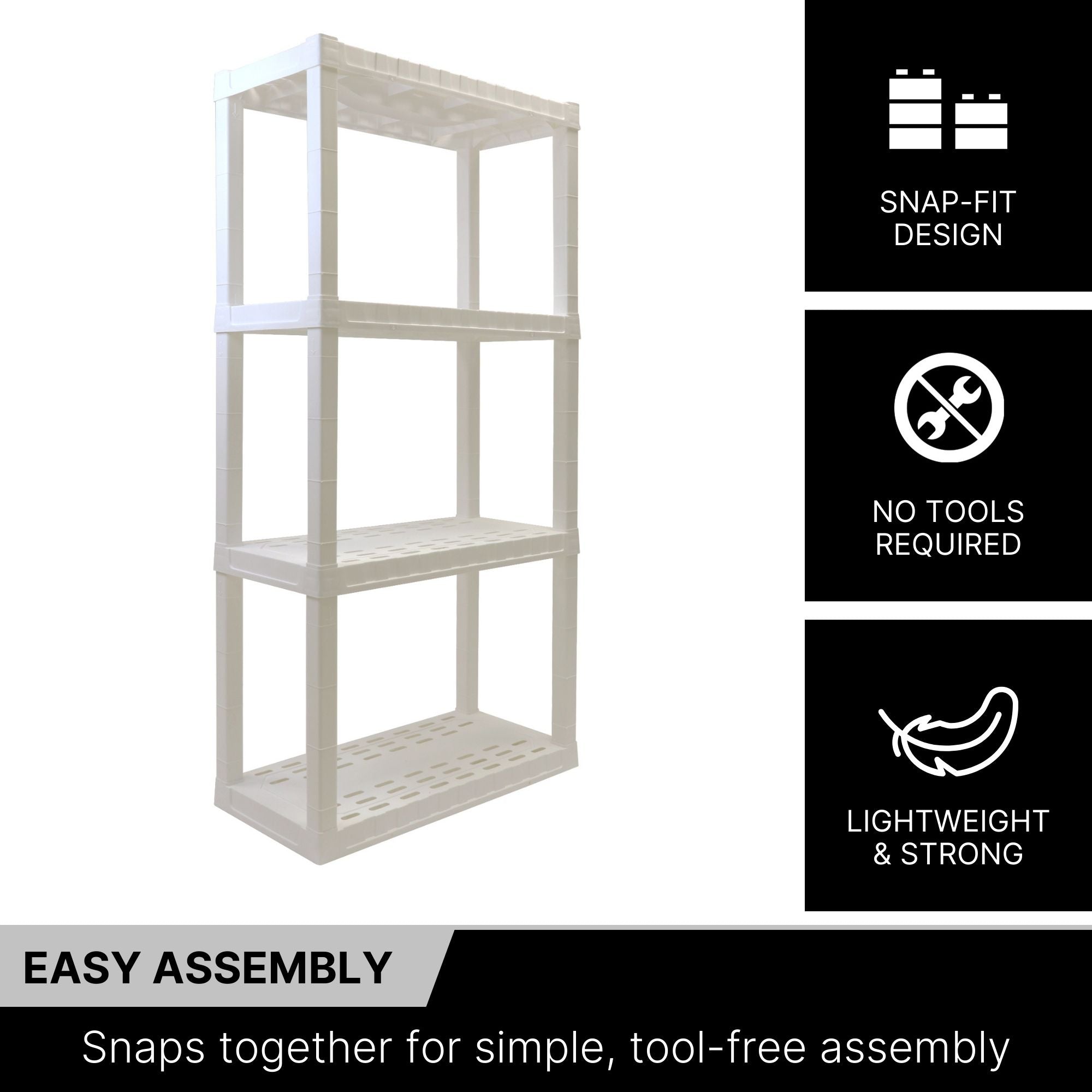 Oskar 4-tier storage shelf on a white background with text and icons to the right describing features: Snap-fit design; No tools required; Lightweight and strong. Text below reads,"Easy assembly: Snaps together for simple, tool-free assembly"