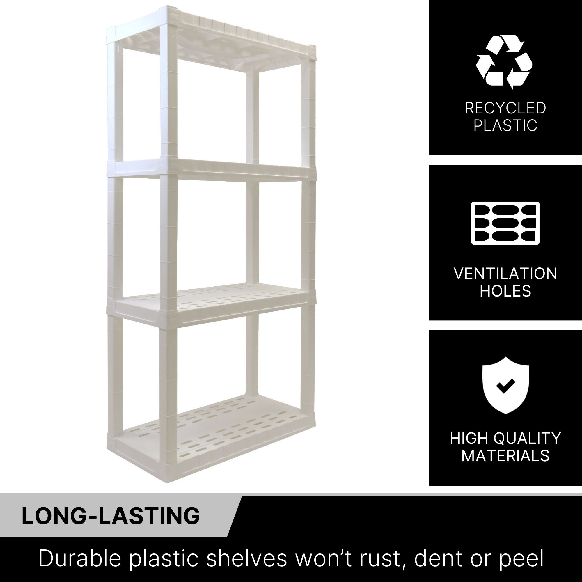 Oskar 4-tier shelf unit on a white background with text and icons to the right describing features: Recycled plastic; ventilation holes; high quality materials. Text below reads,"Long-lasting: Durable plastic shelves won’t rust, dent or peel"