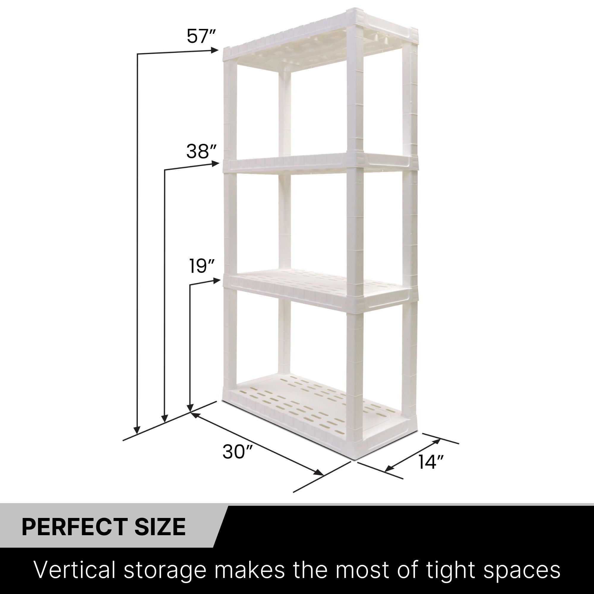 Oskar 4-tier storage shelf unit empty on a white background with dimensions labeled. Text below reads, "Perfect size: Vertical storage makes the most of tight spaces"