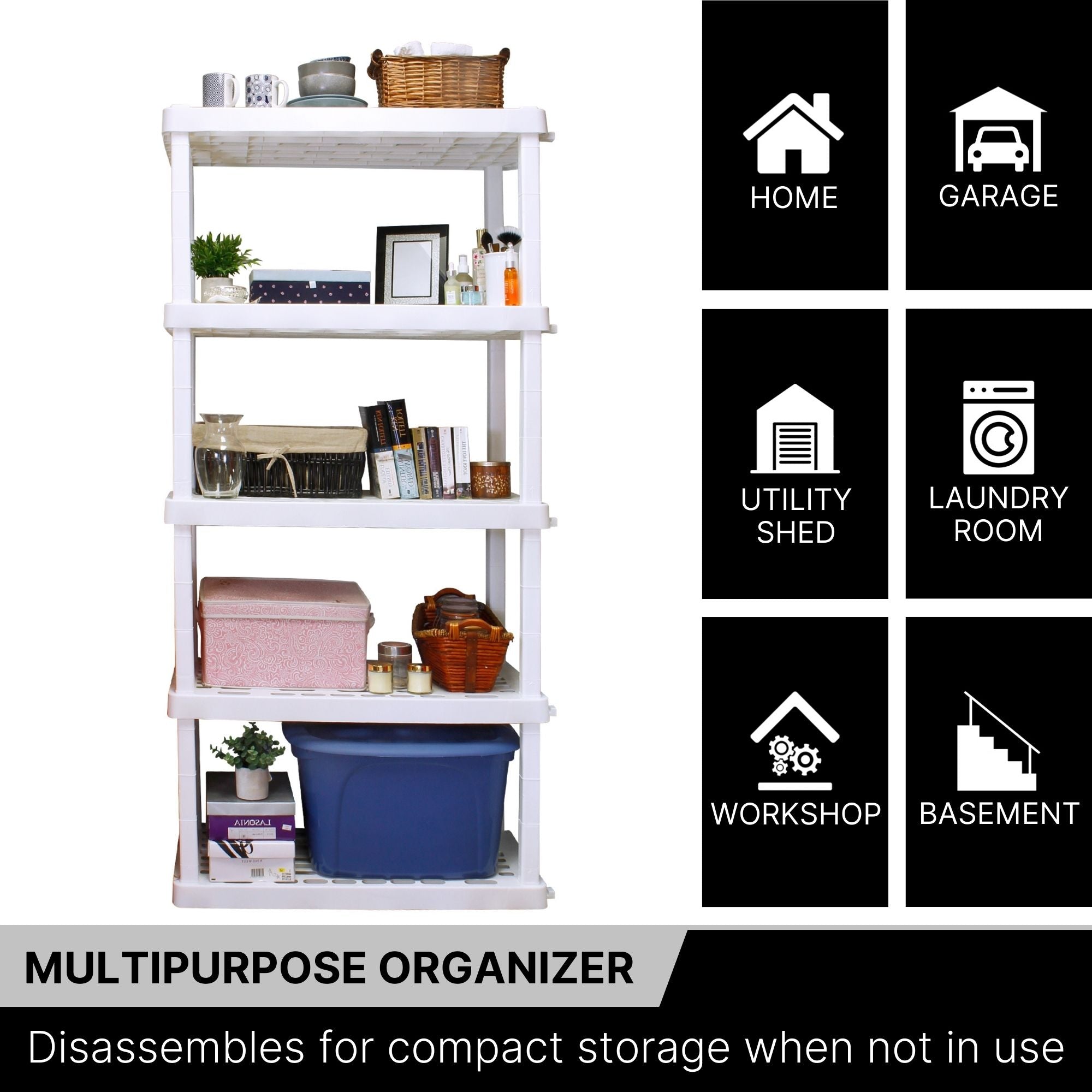 Oskar 5-tier storage shelf with kitchen items and storage totes on a white background. Text and icons to the right list places where the unit could be used: Home, garage, utility shed, laundry room, workshop, basement. Text below reads,"Multipurpose organizer: Disassembles for compact storage when not in use"