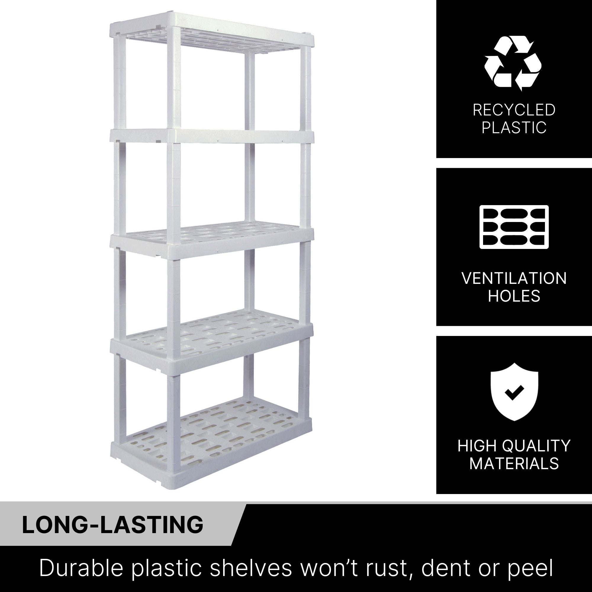 Oskar 5-tier shelf unit on a white background with text and icons to the right describing features: Recycled plastic; ventilation holes; high quality materials. Text below reads,"Long-lasting: Durable plastic shelves won’t rust, dent or peel"