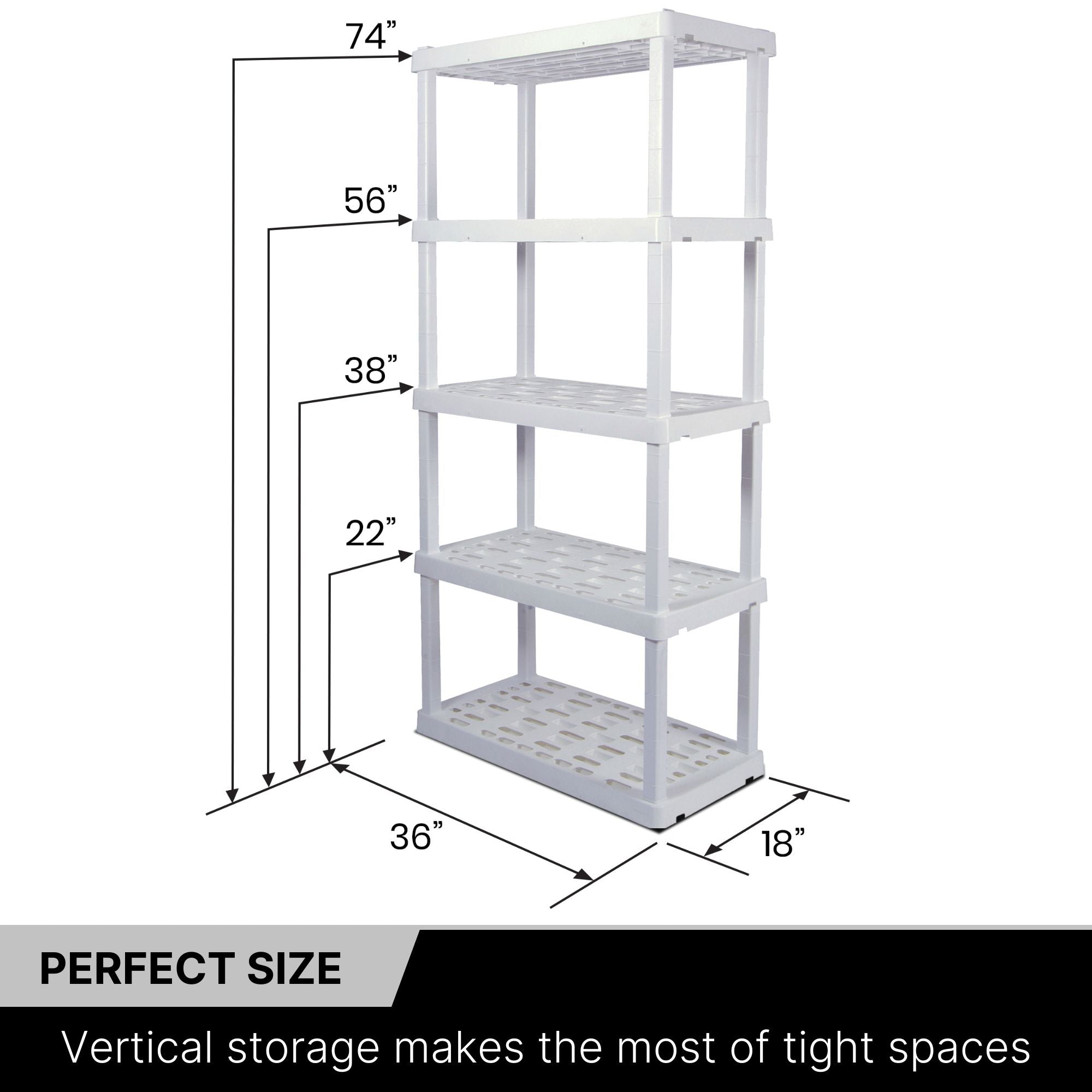 Oskar 5-tier storage shelf unit empty on a white background with dimensions labeled. Text below reads, "Perfect size: Vertical storage makes the most of tight spaces"