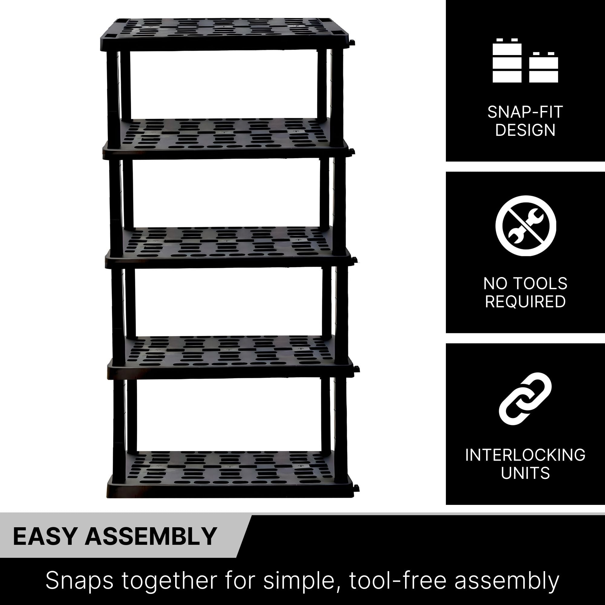 Oskar 5-tier storage shelf on a white background with text and icons to the right describing features: Snap-fit design; No tools required; Interlocking units. Text below reads,"Easy assembly: Snaps together for simple, tool-free assembly"