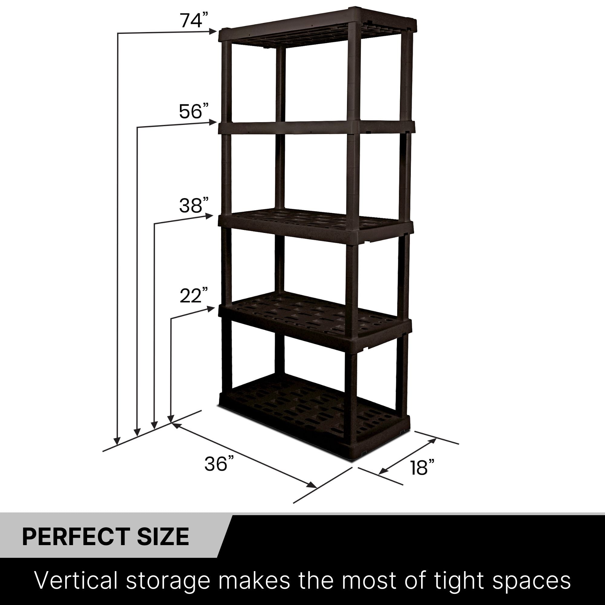 Oskar 5-tier storage shelf unit empty on a white background with dimensions labeled. Text below reads, "Perfect size: Vertical storage makes the most of tight spaces"