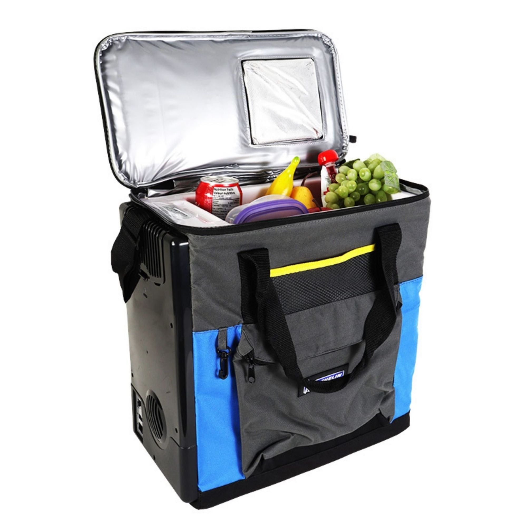Michelin 12V travel cooler/warmer, open with food and drinks inside, on a white background