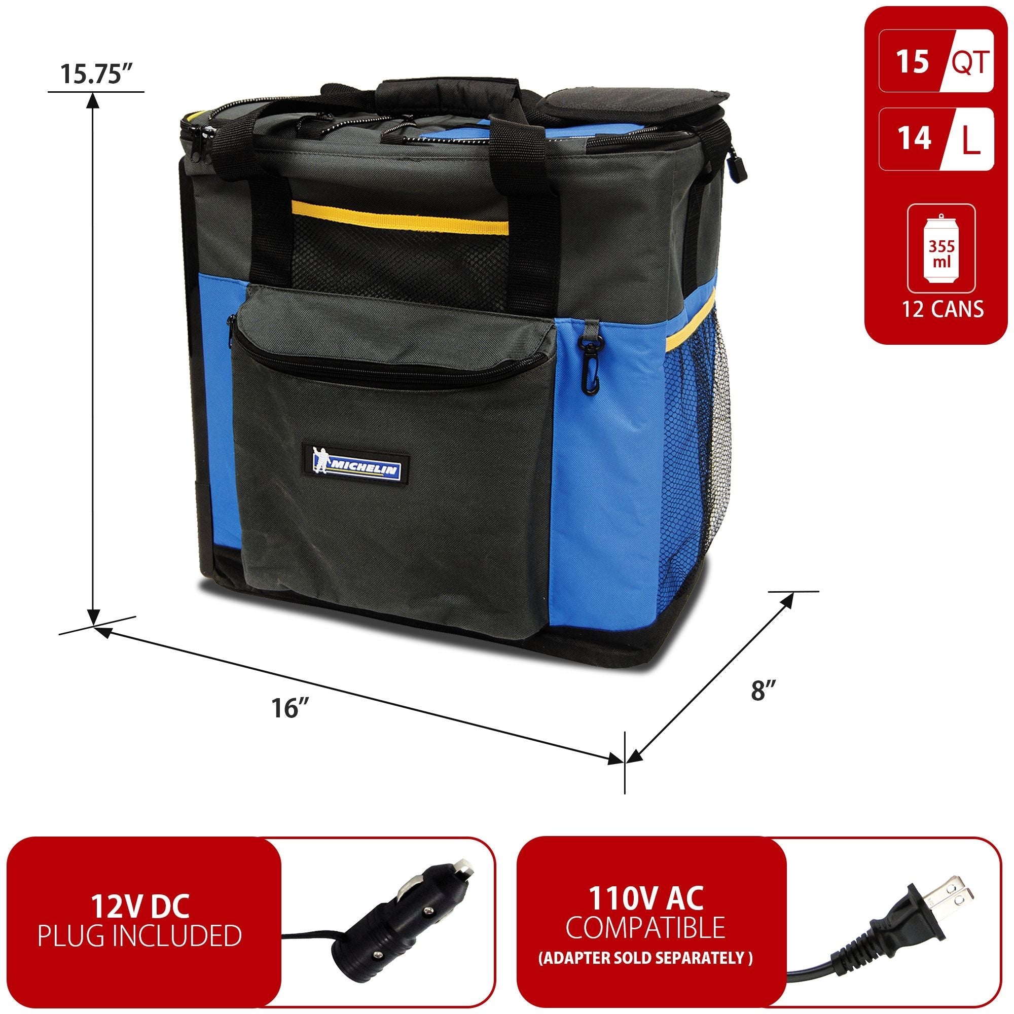 Michelin 12V travel fridge/warmer, closed on a white background with dimensions and capacity labeled. Two inset images below show power adapters with text reading "12V DC plug included; AC compatible (adapter sold separately)"