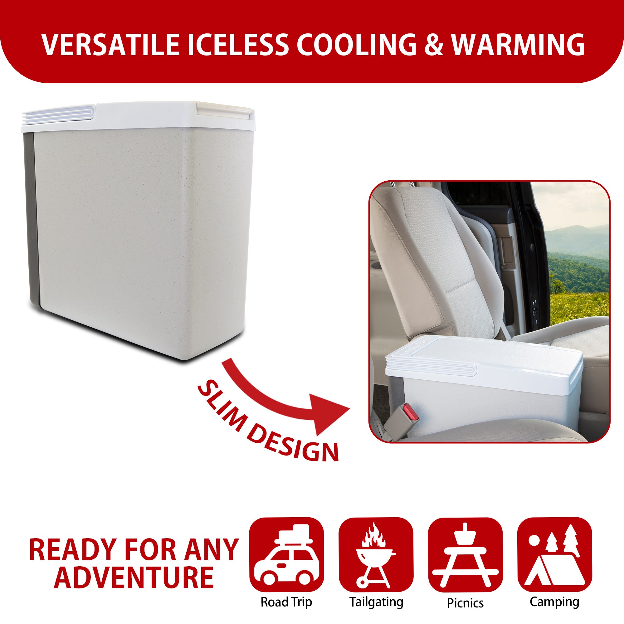 Two images show the Koolatron 12V cooler/warmer on a white background and between the seats of a minivan with an arrow labeled "slim design" pointing from the first image to the second. Text above reads, "VERSATILE ICELESS COOLING & WARMING." Text below reads, "READY FOR ANY ADVENTURE" followed by icons labeled: Road trip, tailgating, picnics, and camping.