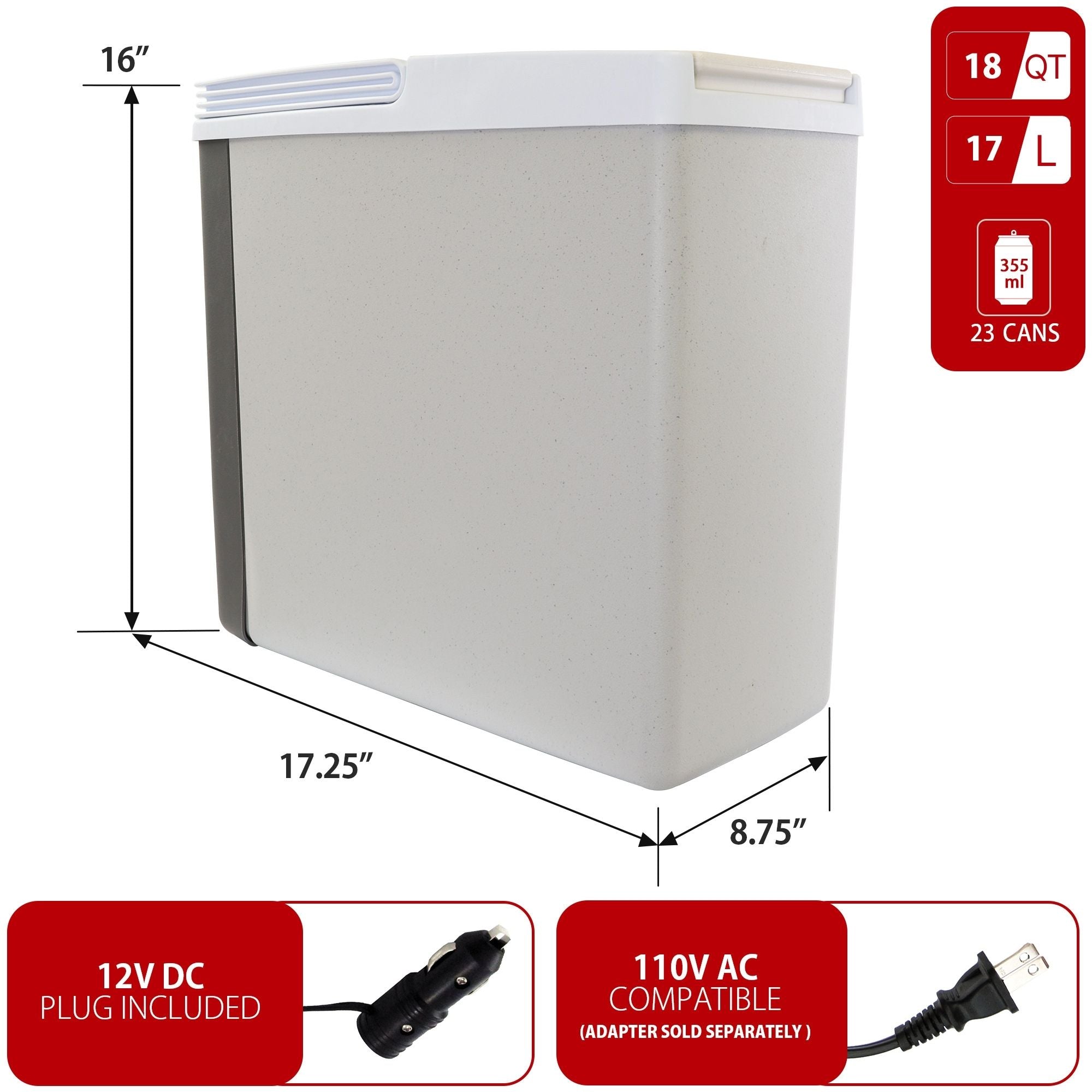 Koolatron 12V travel fridge/warmer, closed on a white background with dimensions and capacity labeled. Two inset images below show power adapters with text reading "12V DC plug included; AC compatible (adapter sold separately)"