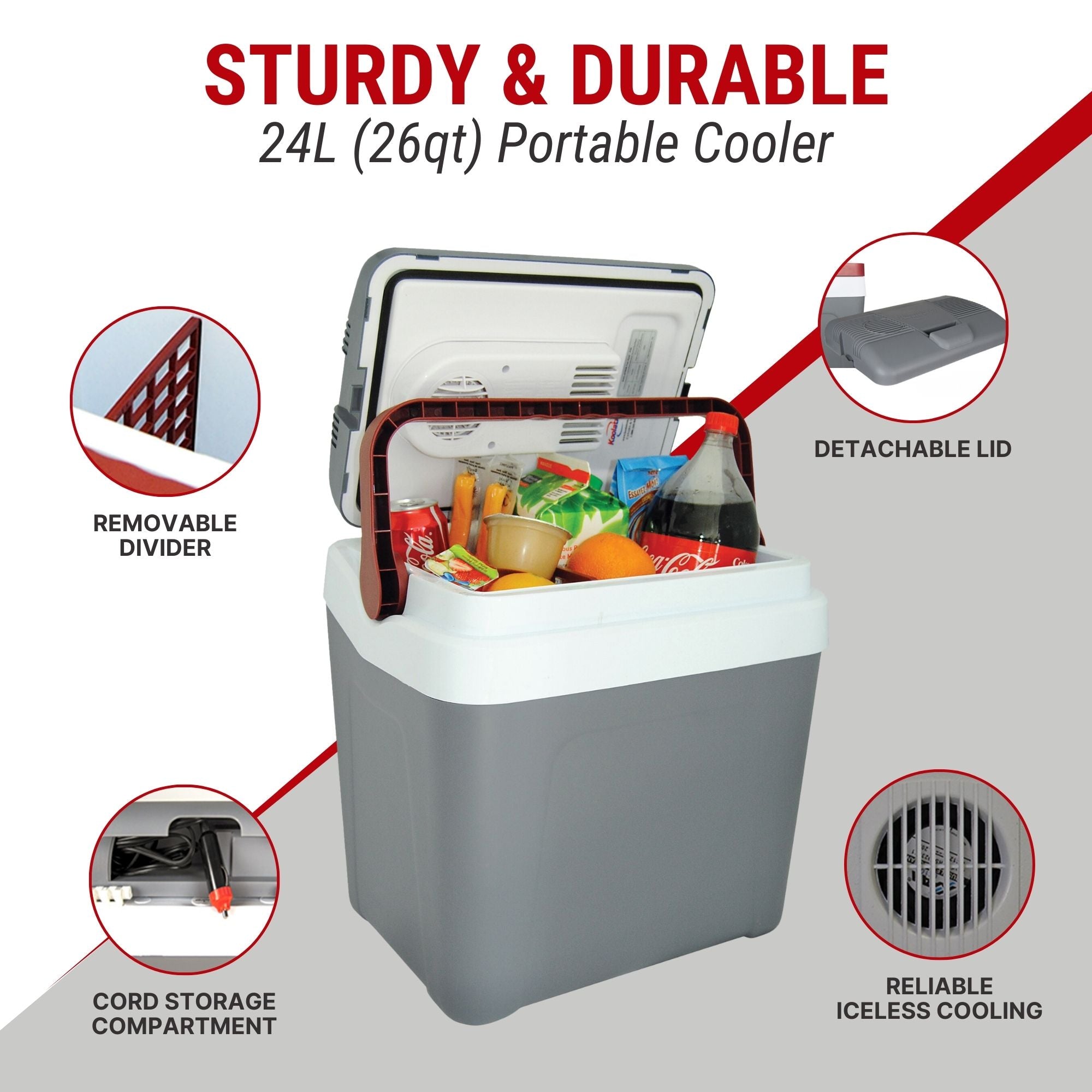 Koolatron 12V cooler open with food inside surrounded by closeup images of features, labeled: cord storage compartment; removable divider; detachable lid; reliable iceless cooling. Text above reads, "STURDY AND DURABLE 24L (26 qt) portable cooler"