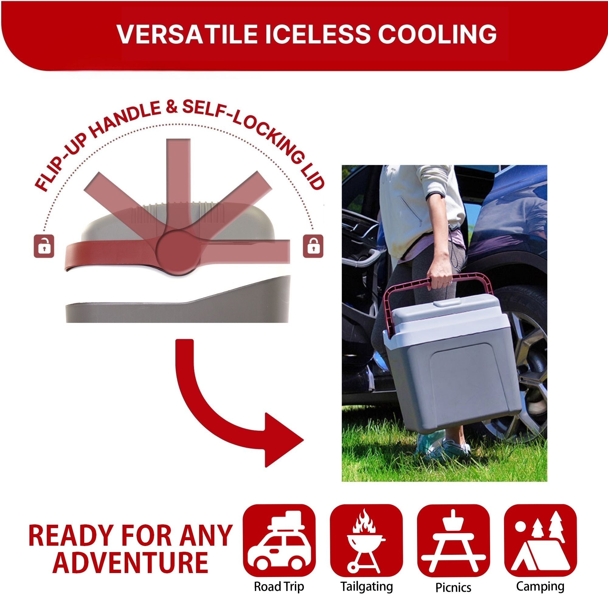 Side-by-side images show the carry handle in locked and unlocked positions, captioned, "flip-up handle & self-locking lid," and a person carrying the Kooaltron 12 volt cooler. Text above reads, "VERSATILE ICELESS COOLING." Text below reads, "READY FOR ANY ADVENTURE" followed by icons labeled: Road trip, tailgating, picnics, and camping.