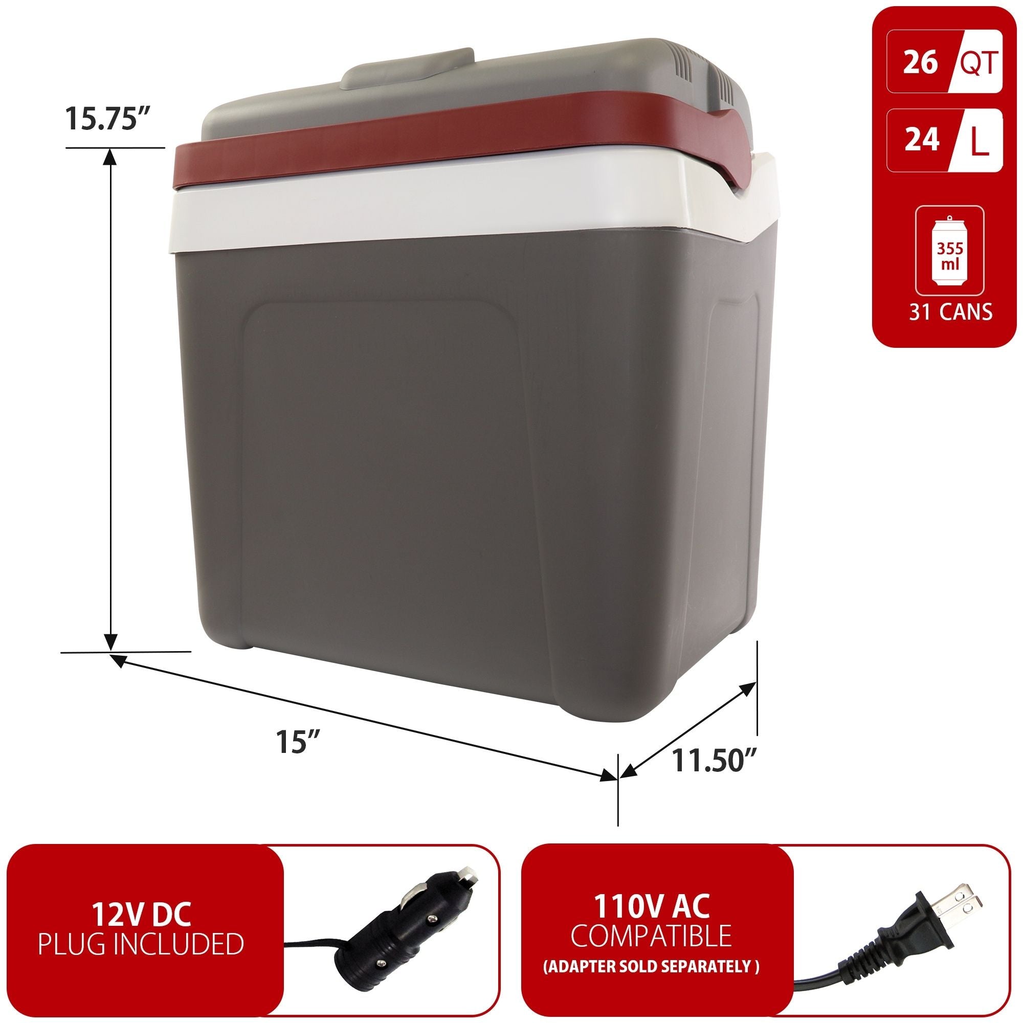 Koolatron 12V travel fridge, closed on a white background with dimensions and capacity labeled. Two inset images below show power adapters with text reading "12V DC plug included; AC compatible (adapter sold separately)"