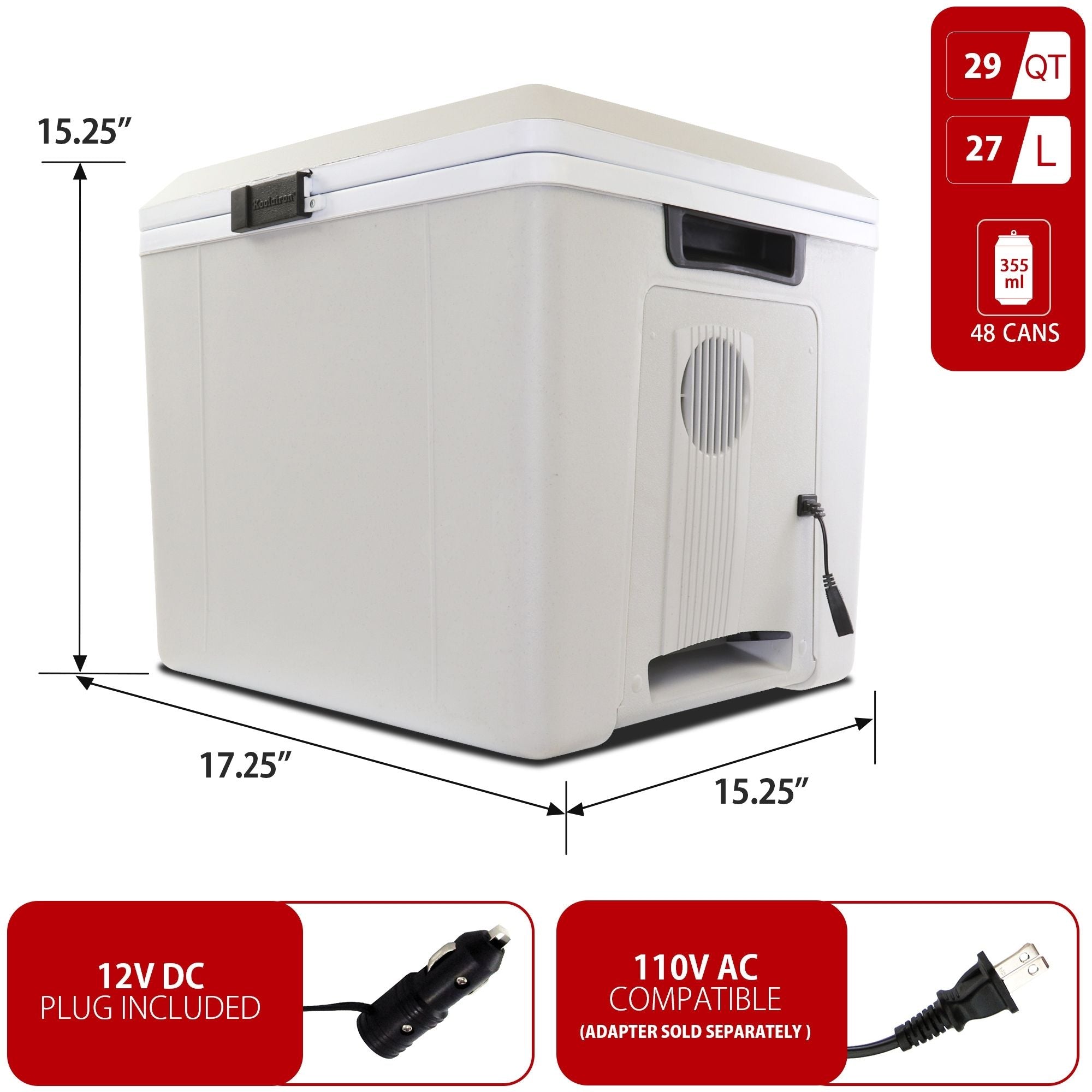 Koolatron 12V travel fridge/warmer, closed on a white background with dimensions and capacity labeled. Two inset images below show power adapters with text reading "12V DC plug included; AC compatible (adapter sold separately)"