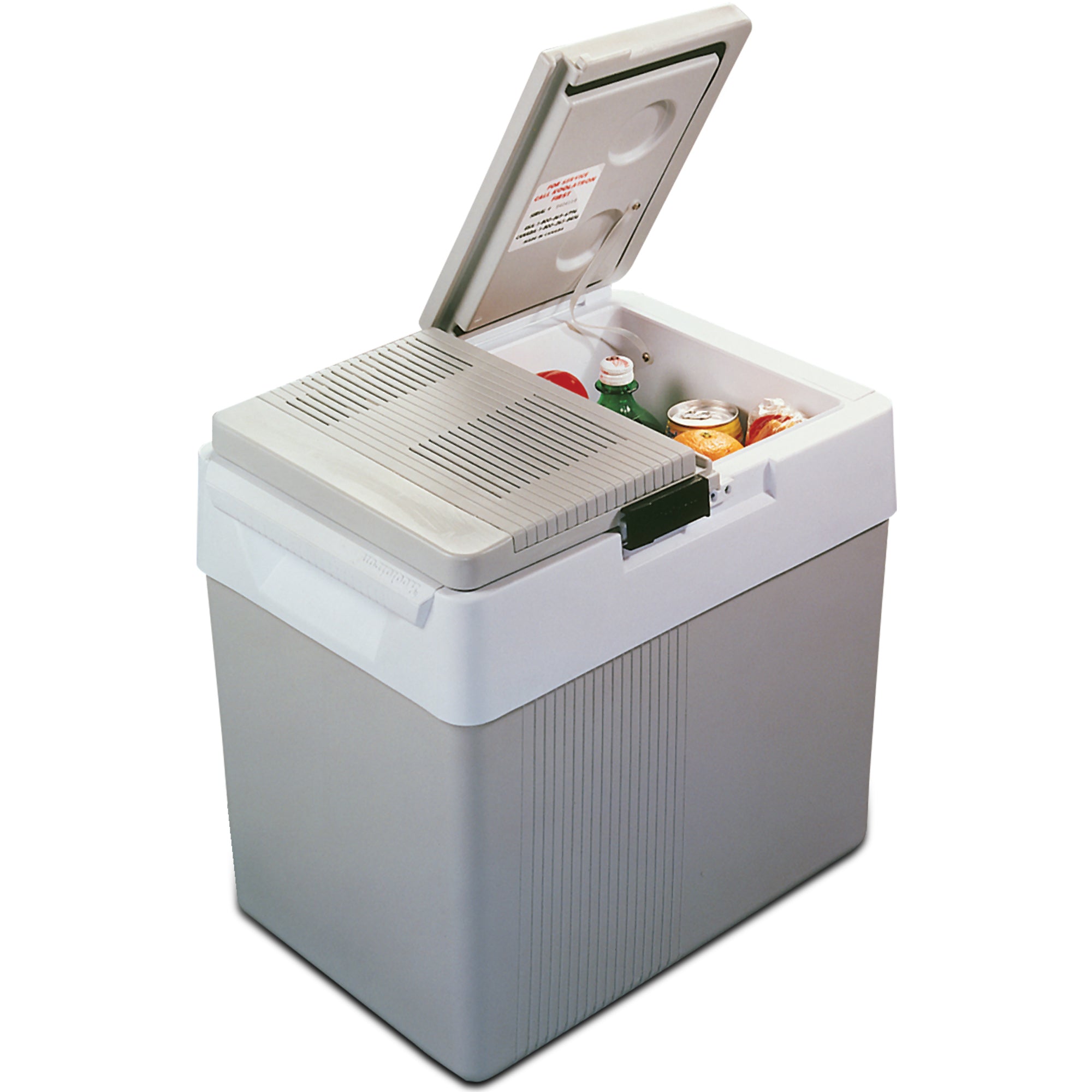 Koolatron 12V travel cooler/warmer, open with food inside, on a white background