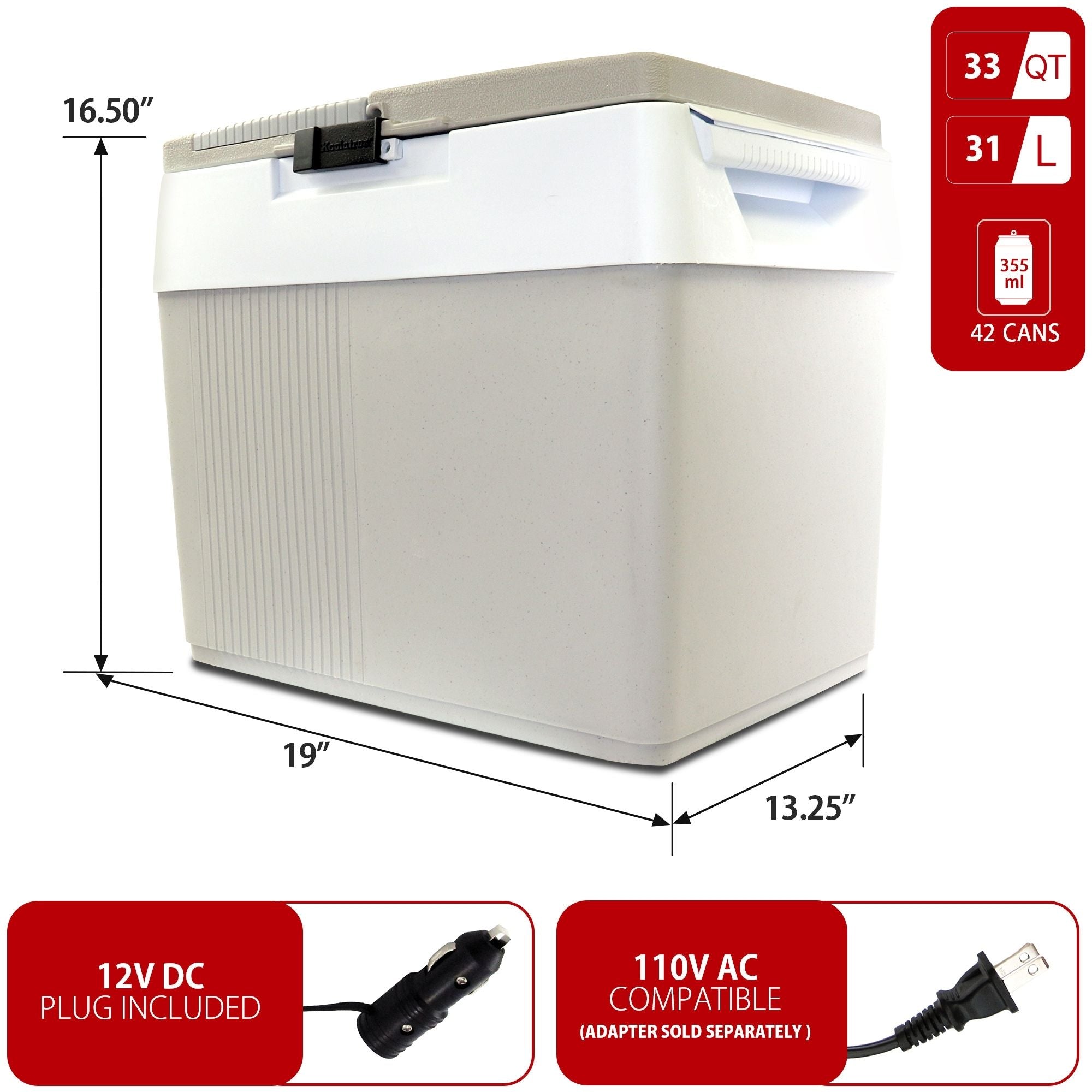 Koolatron 12V travel fridge/warmer, closed on a white background with dimensions and capacity labeled. Two inset images below show power adapters with text reading "12V DC plug included; AC compatible (adapter sold separately)"