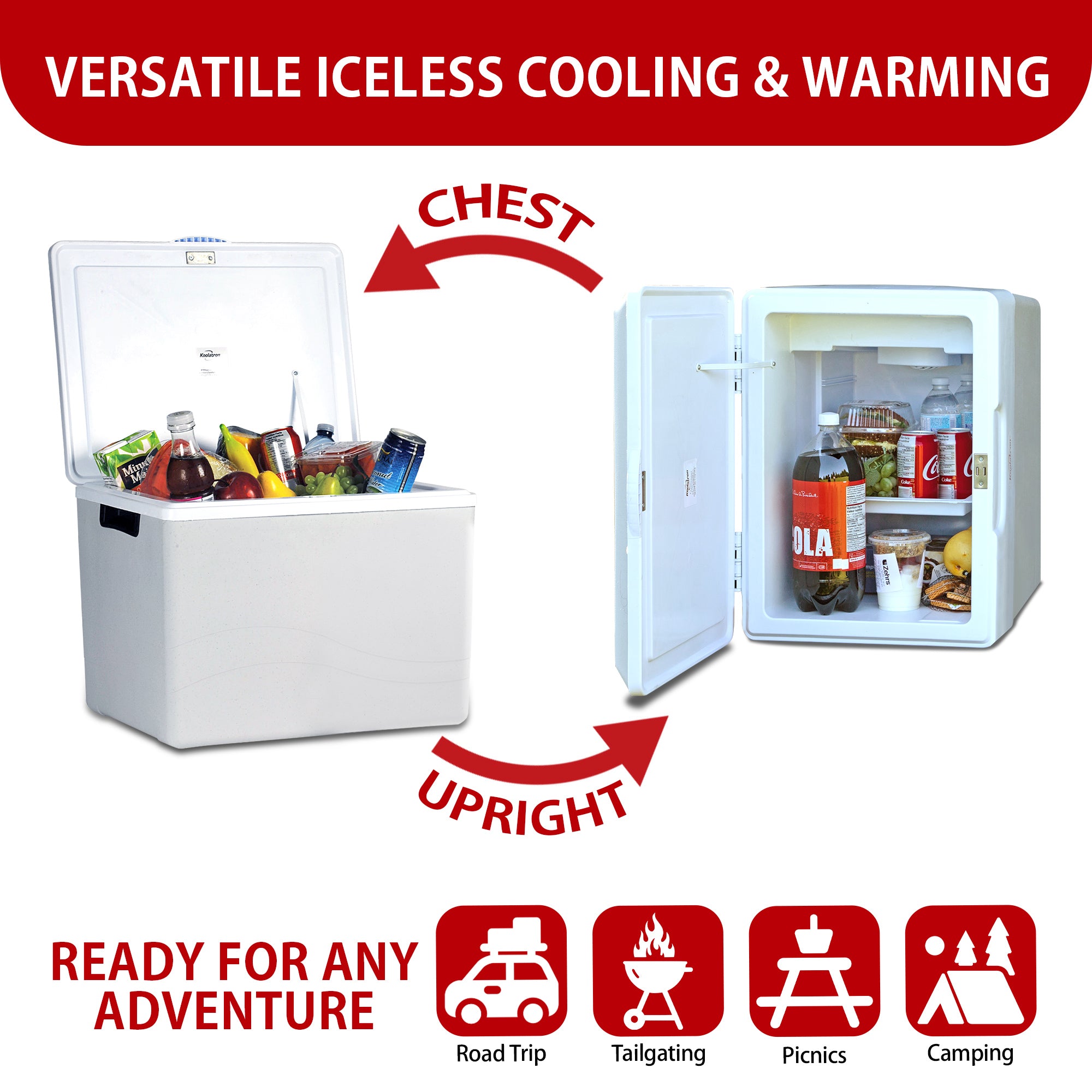 Two images show the Koolatron 12V cooler/warmer as an ice chest and on its side as a mini-fridge with arrows labeled, "CHEST" and "UPRIGHT." Text above reads, "VERSATILE ICELESS COOLING & WARMING." Text below reads, "READY FOR ANY ADVENTURE" followed by icons labeled: Road trip, tailgating, picnics, and camping.