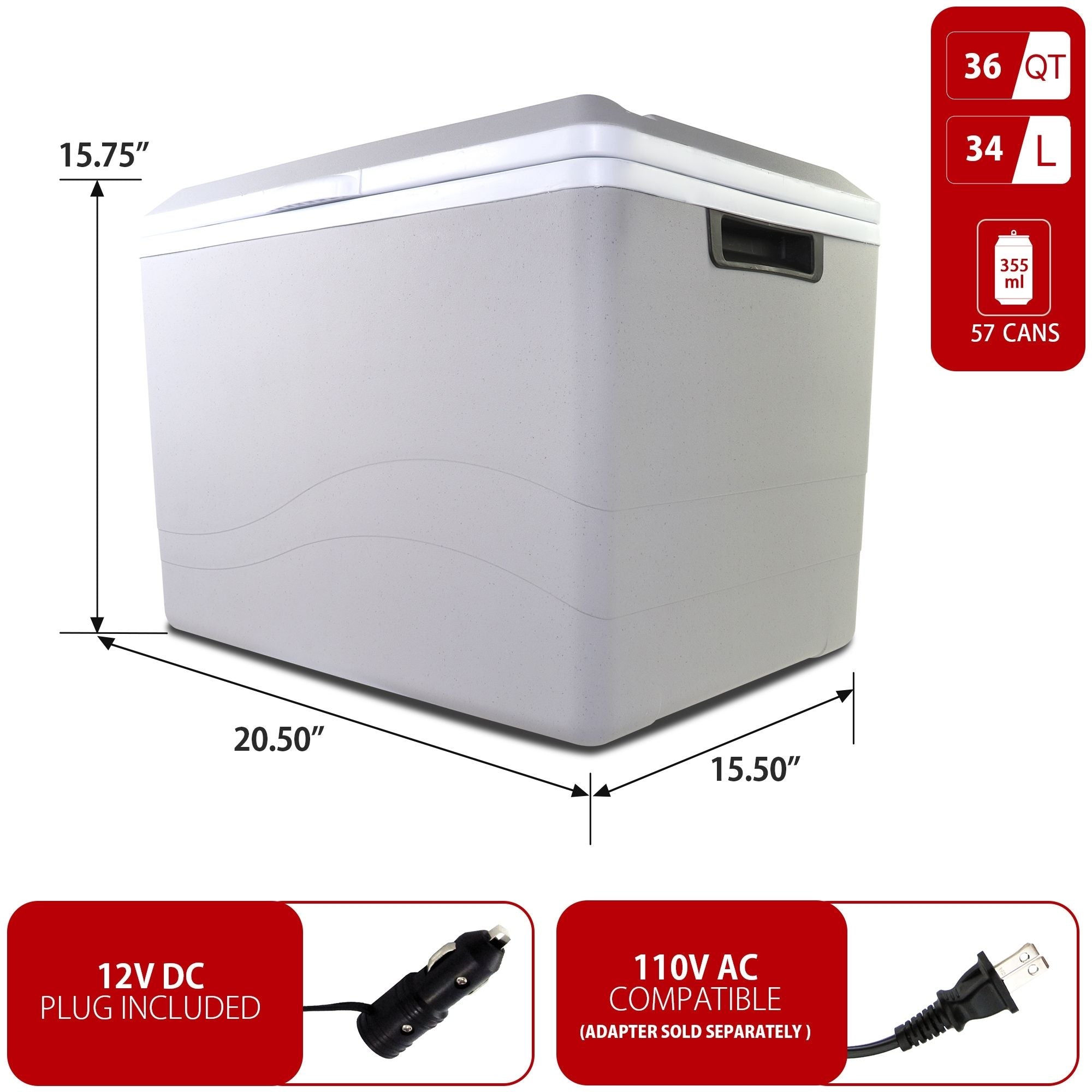 Koolatron 12V travel fridge/warmer, closed on a white background with dimensions and capacity labeled. Two inset images below show power adapters with text reading "12V DC plug included; AC compatible (adapter sold separately)"