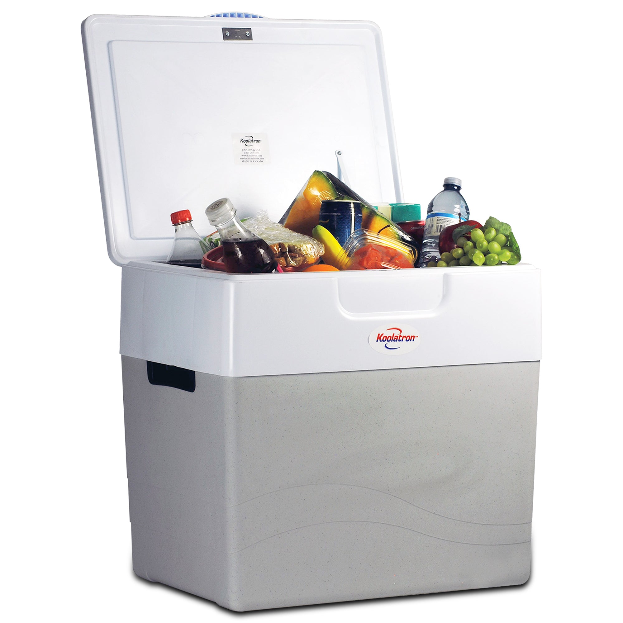 Koolatron 12V travel cooler/warmer, open with food inside, on a white background