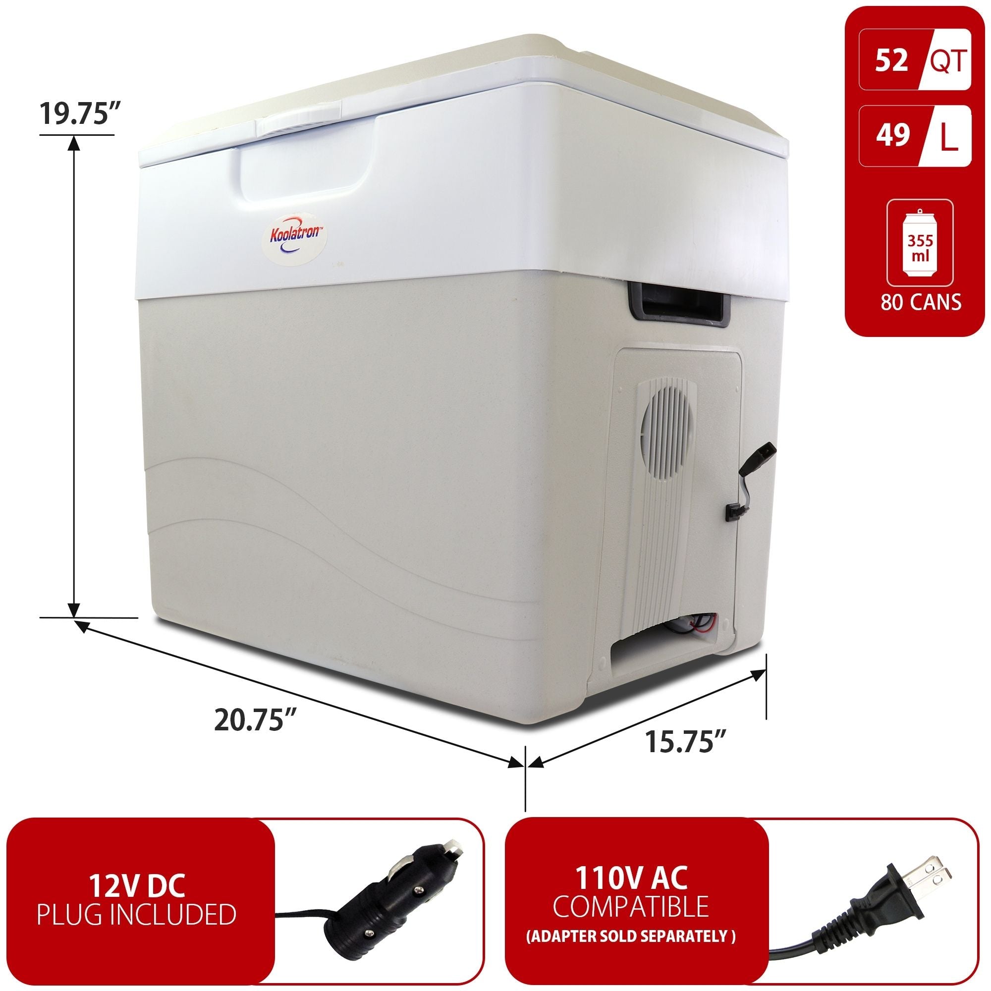 Koolatron 12V travel fridge/warmer, closed on a white background with dimensions and capacity labeled. Two inset images below show power adapters with text reading "12V DC plug included; AC compatible (adapter sold separately)"