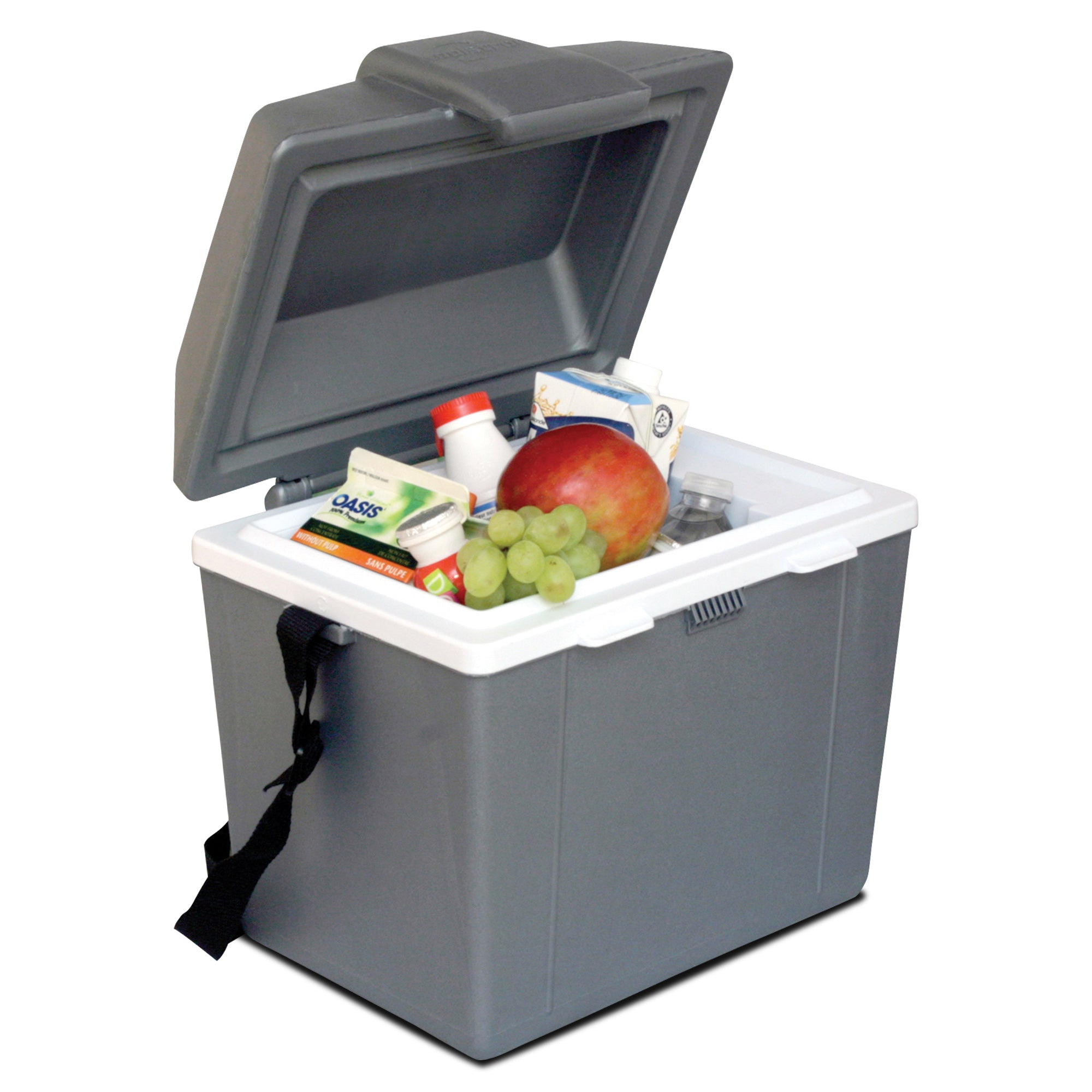 Koolatron 12V travel cooler/warmer, open with food inside, on a white background