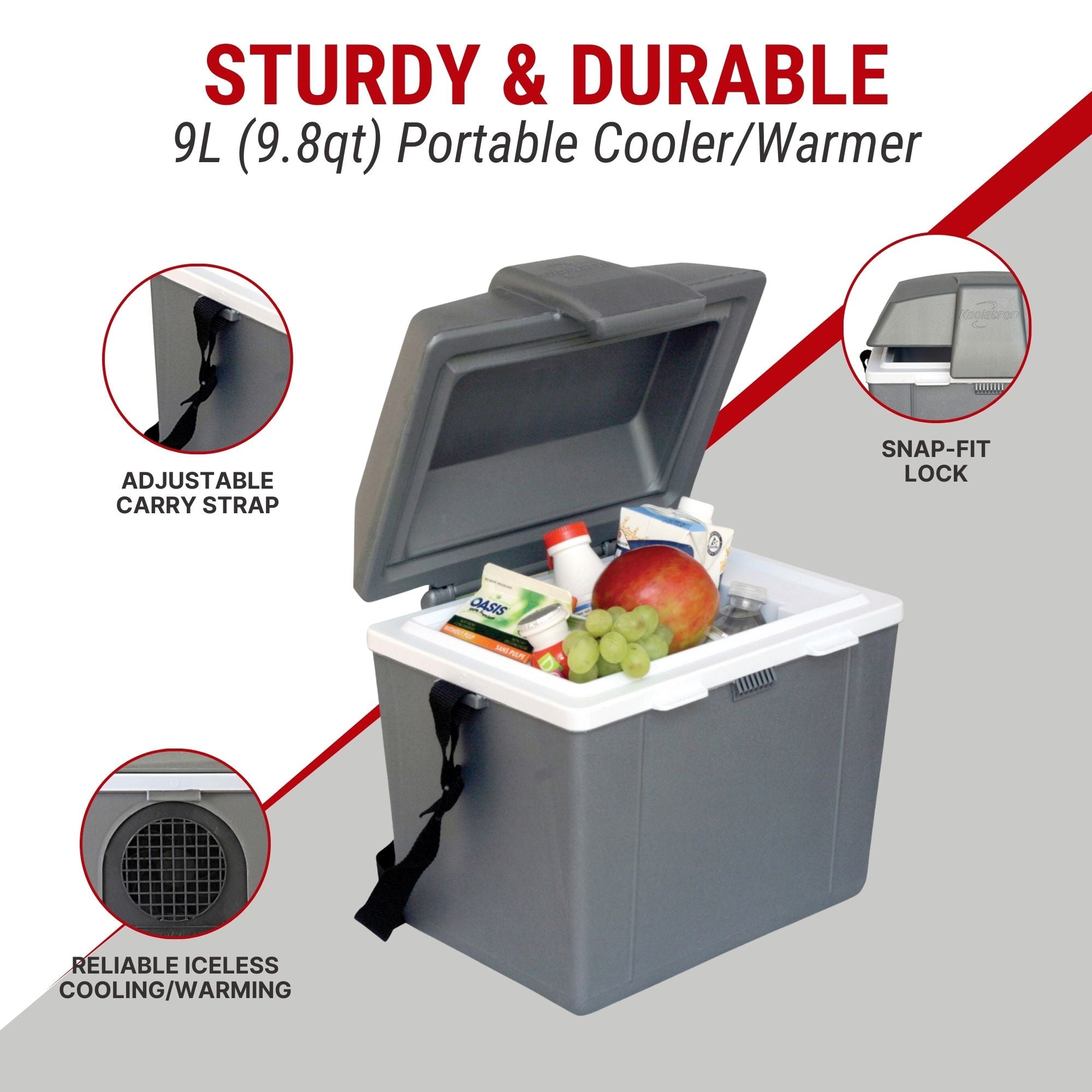 Koolatron 12V cooler/warmer open with food inside surrounded by closeup images of features, labeled: Adjustable strap; snap-fit lock; reliable iceless cooling/warming. Text above reads, "STURDY AND DURABLE 9L (9.8 qt) portable cooler/warmer"