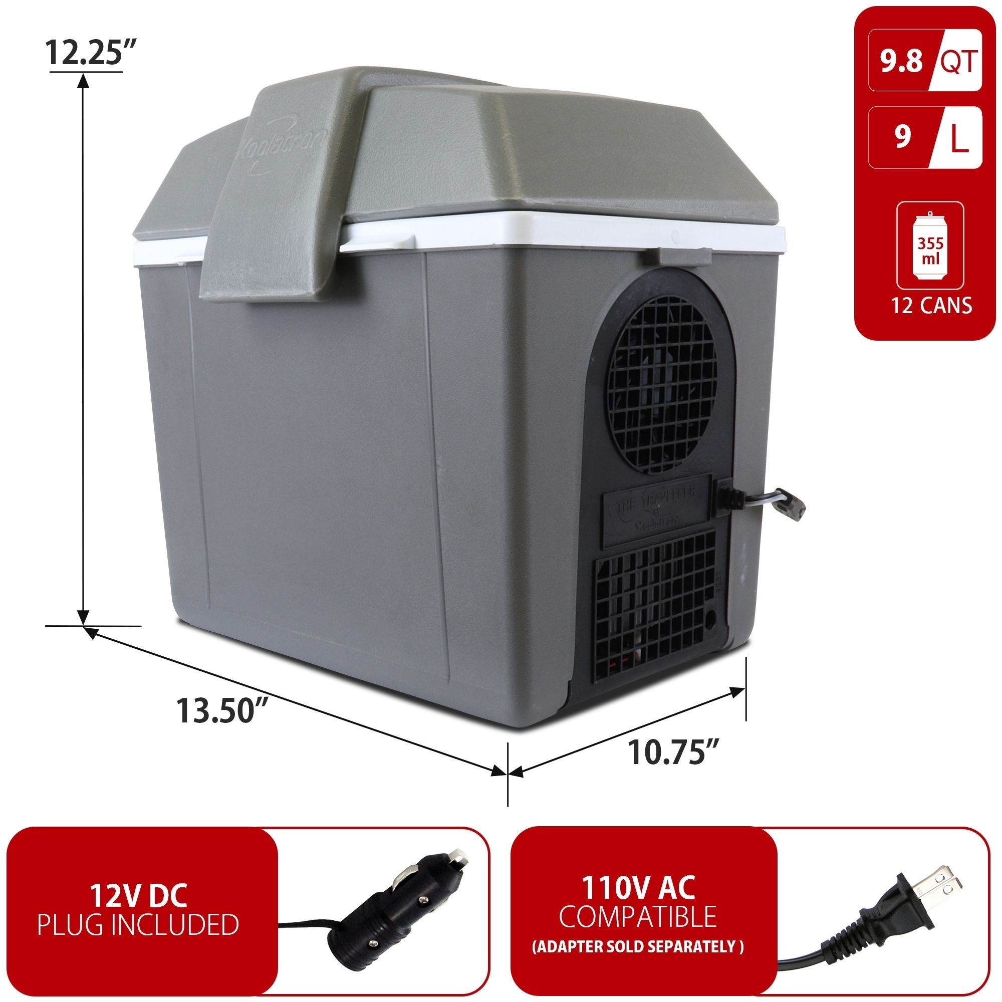 Koolatron 12V travel fridge/warmer, closed on a white background with dimensions and capacity labeled. Two inset images below show power adapters with text reading "12V DC plug included; AC compatible (adapter sold separately)"