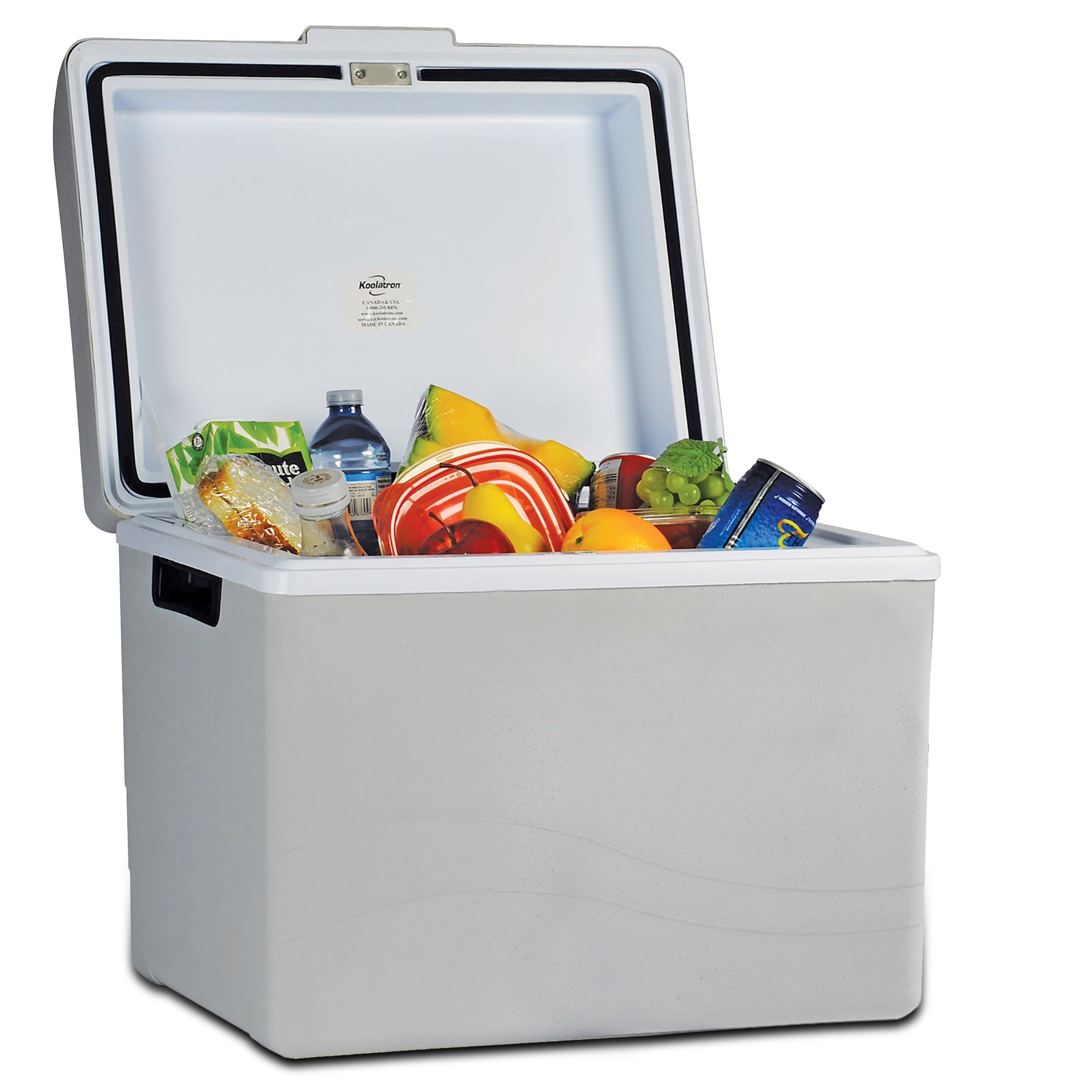 Koolatron 12V travel cooler/warmer, open with food inside, on a white background