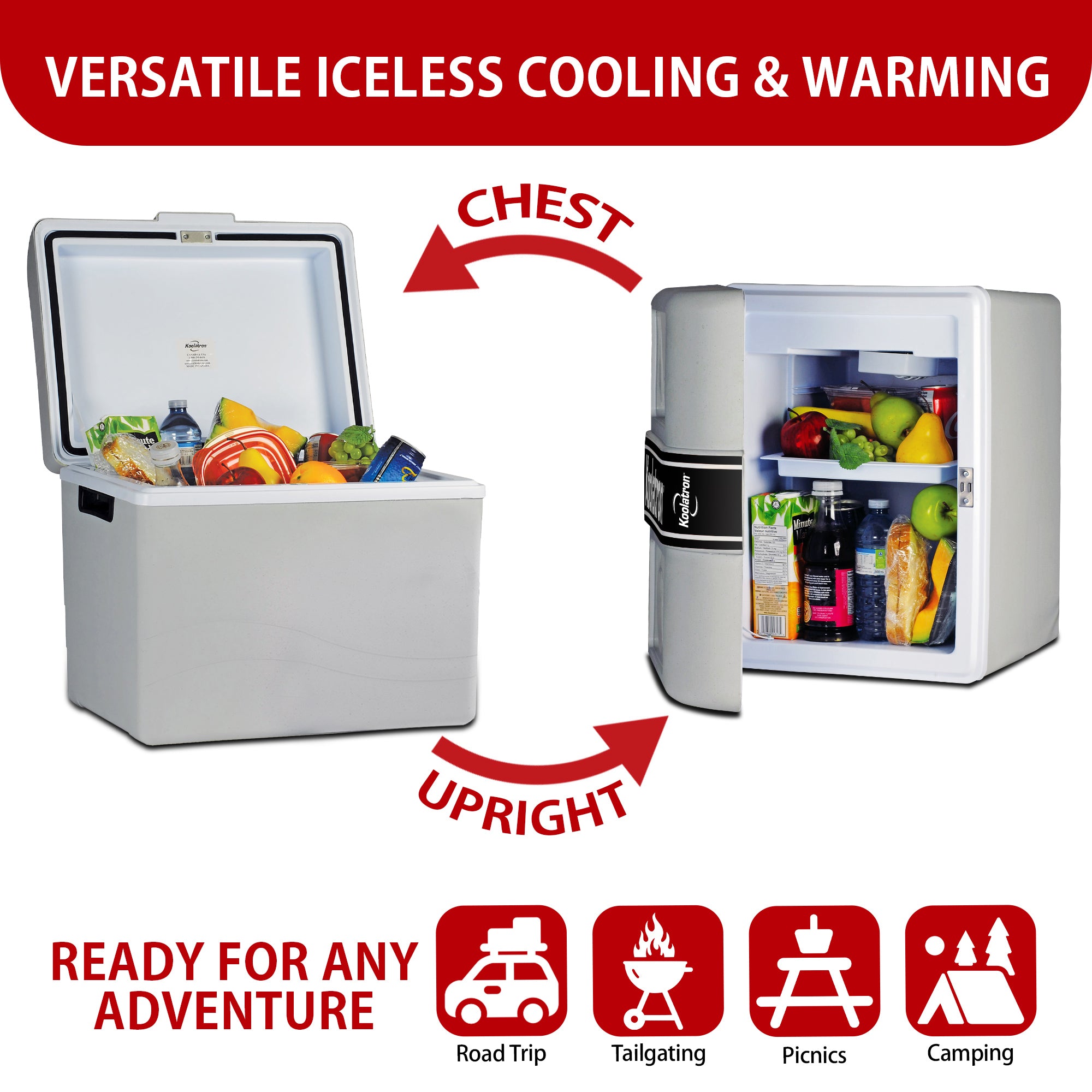 Two images show the Koolatron 12V cooler/warmer as an ice chest and on its side as a mini-fridge with arrows labeled, "CHEST" and "UPRIGHT." Text above reads, "VERSATILE ICELESS COOLING & WARMING." Text below reads, "READY FOR ANY ADVENTURE" followed by icons labeled: Road trip, tailgating, picnics, and camping.