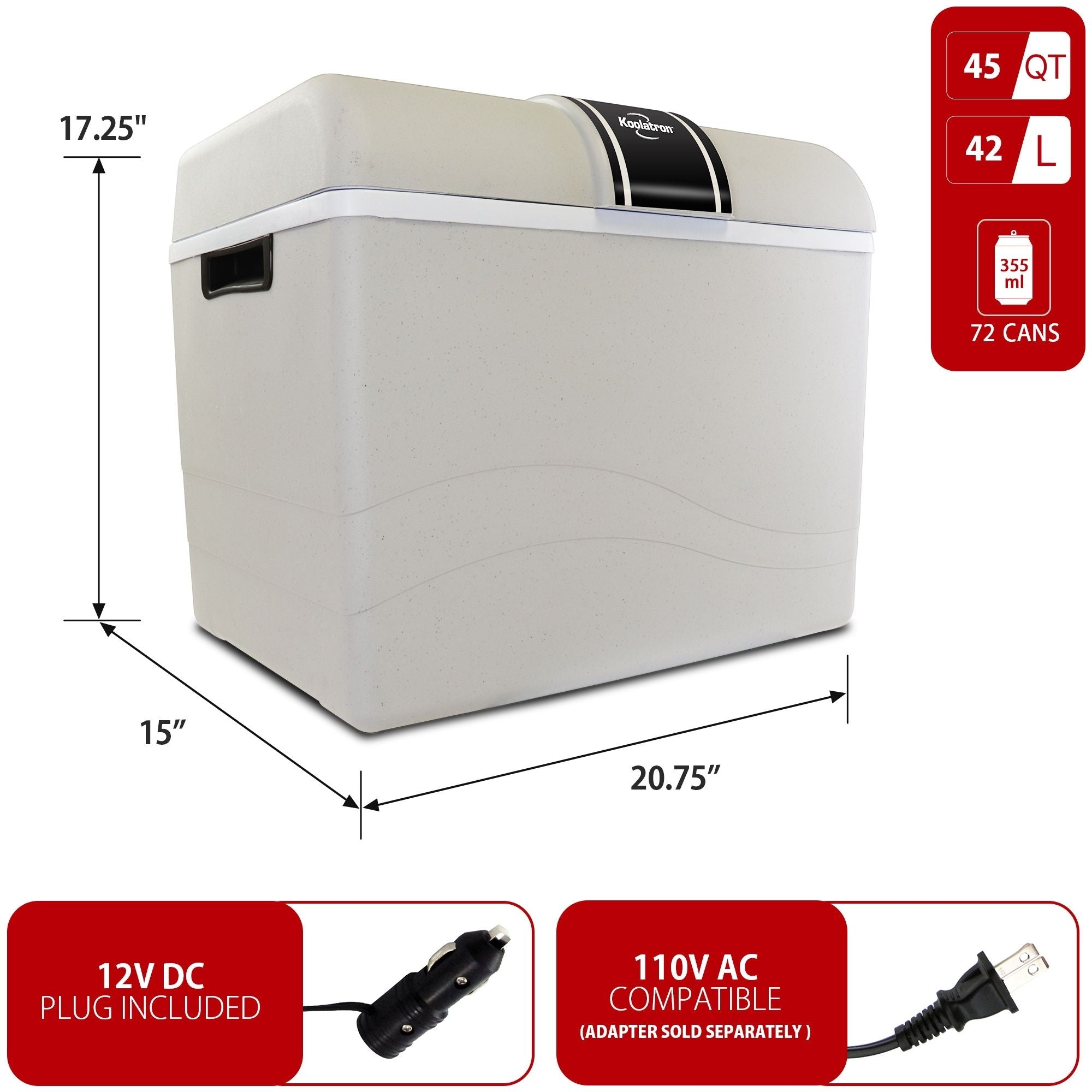Koolatron 12V travel fridge/warmer, closed on a white background with dimensions and capacity labeled. Two inset images below show power adapters with text reading "12V DC plug included; AC compatible (adapter sold separately)"