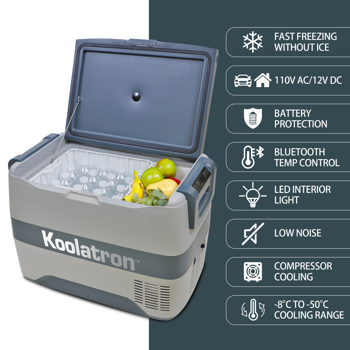 Koolatron 12 Volt Portable Freezer/Refrigerator w/ Bluetooth 42 qt (40L), 12V DC/110V AC Cords, Gray