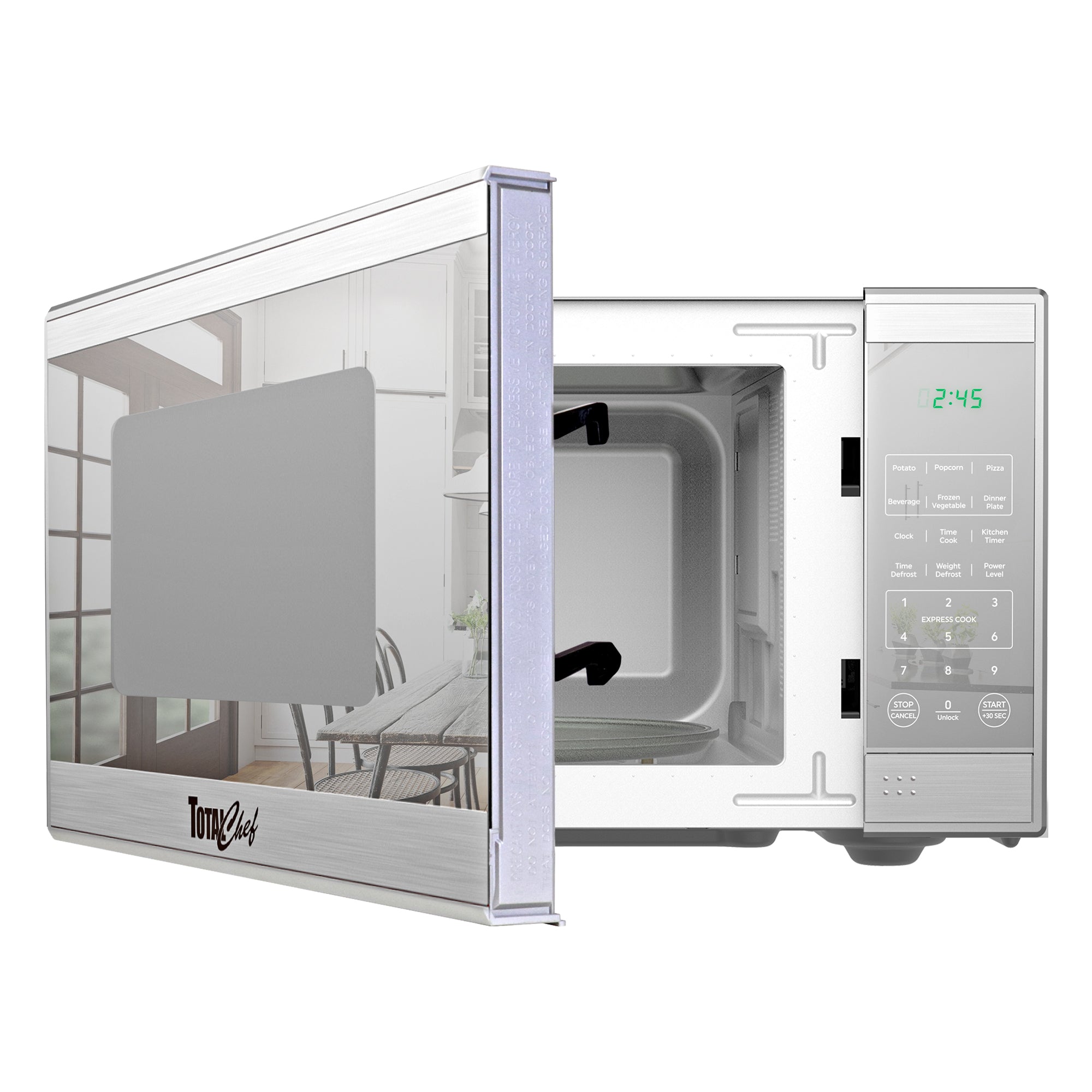 Total Chef stainless steel microwave, partly open, on a white background