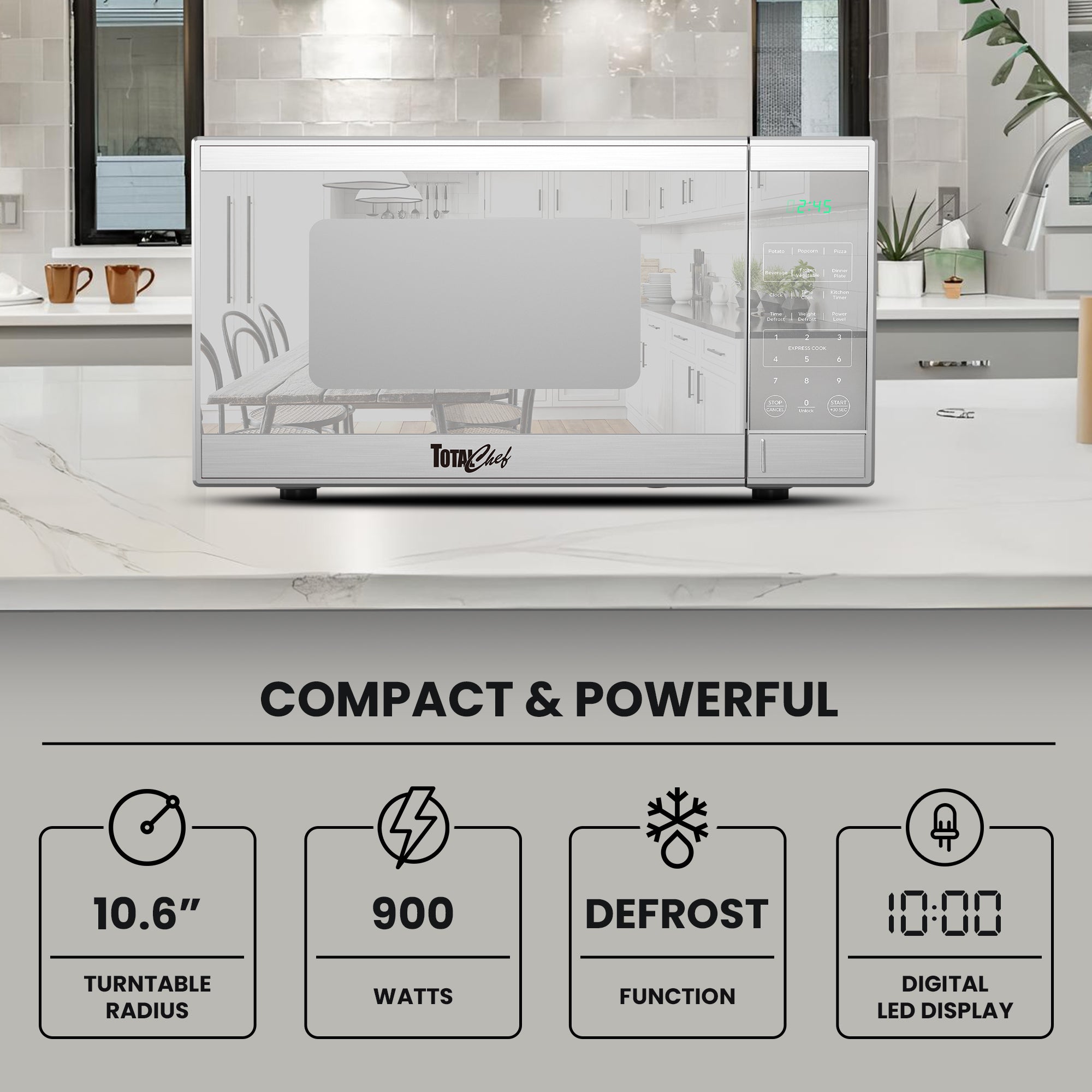 Total Chef stainless steel microwave, closed, on a gray kitchen counter with text and icons below describing features: Compact and powerful; 10.6" turntable radius; 900 watts; defrost function; digital LED display