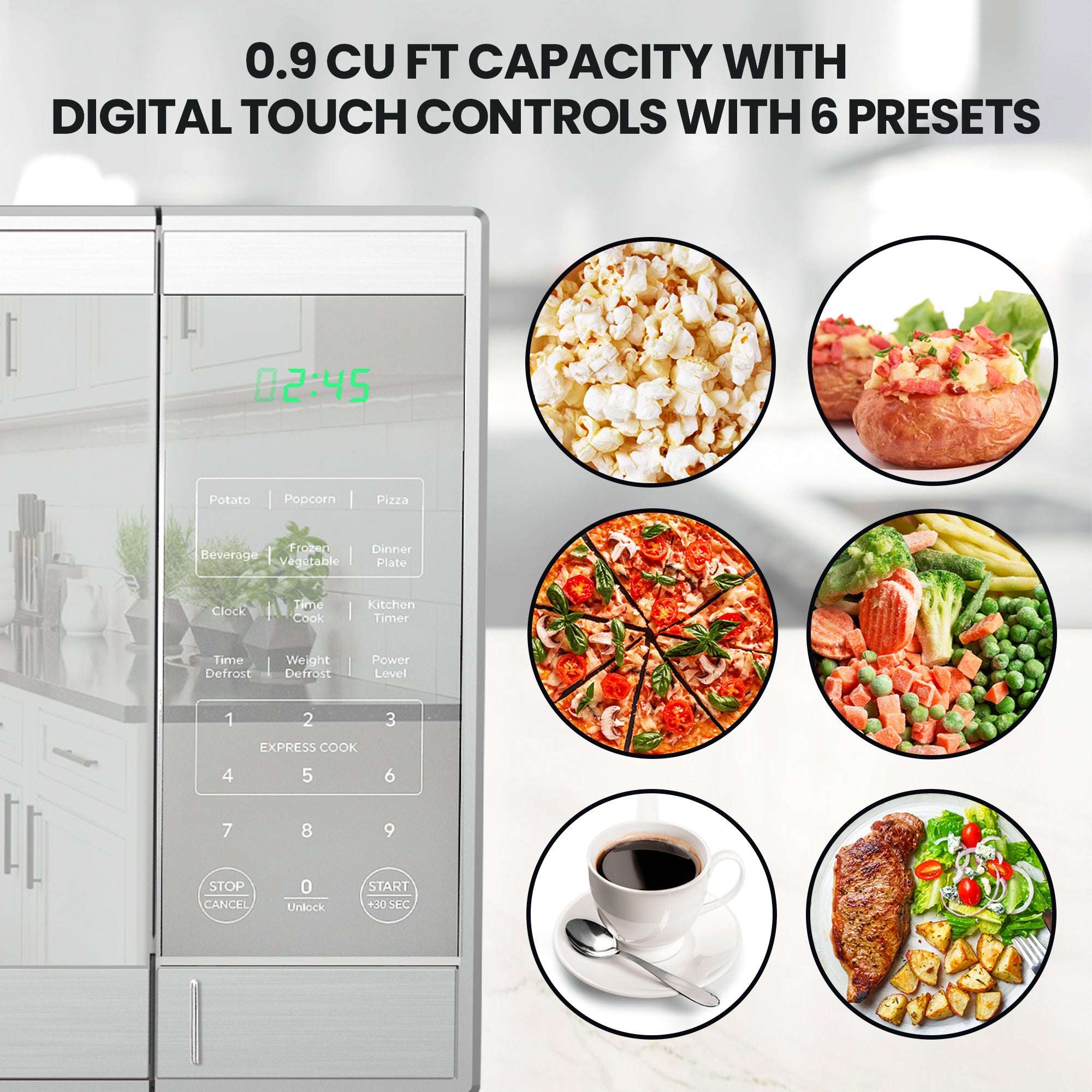 Closeup of the control panel on the Total Chef stainless steel microwave and 6 pictures of different types of food with text above reading, "0.9 cu ft capacity with digital touch controls with 6 presets"
