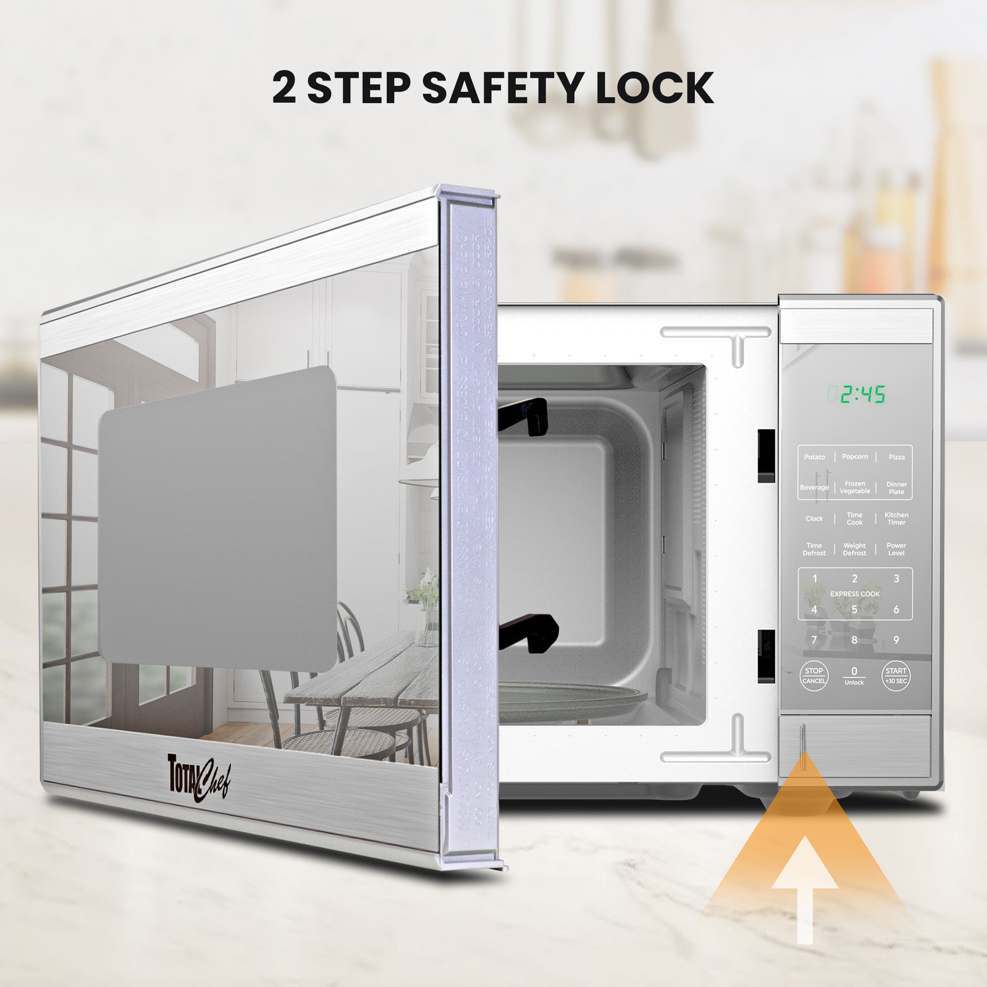 Total Chef stainless steel microwave, partly open, with text above reading, "2-step safety lock"