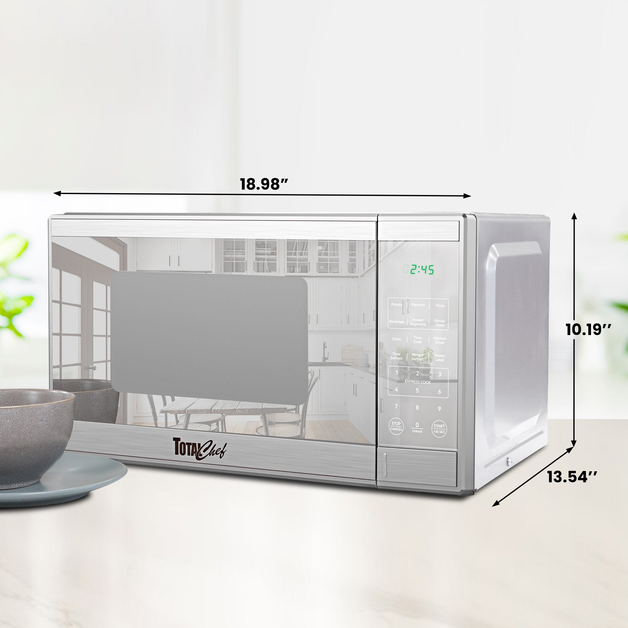 Total Chef stainless steel microwave on a white background with dimensions labeled
