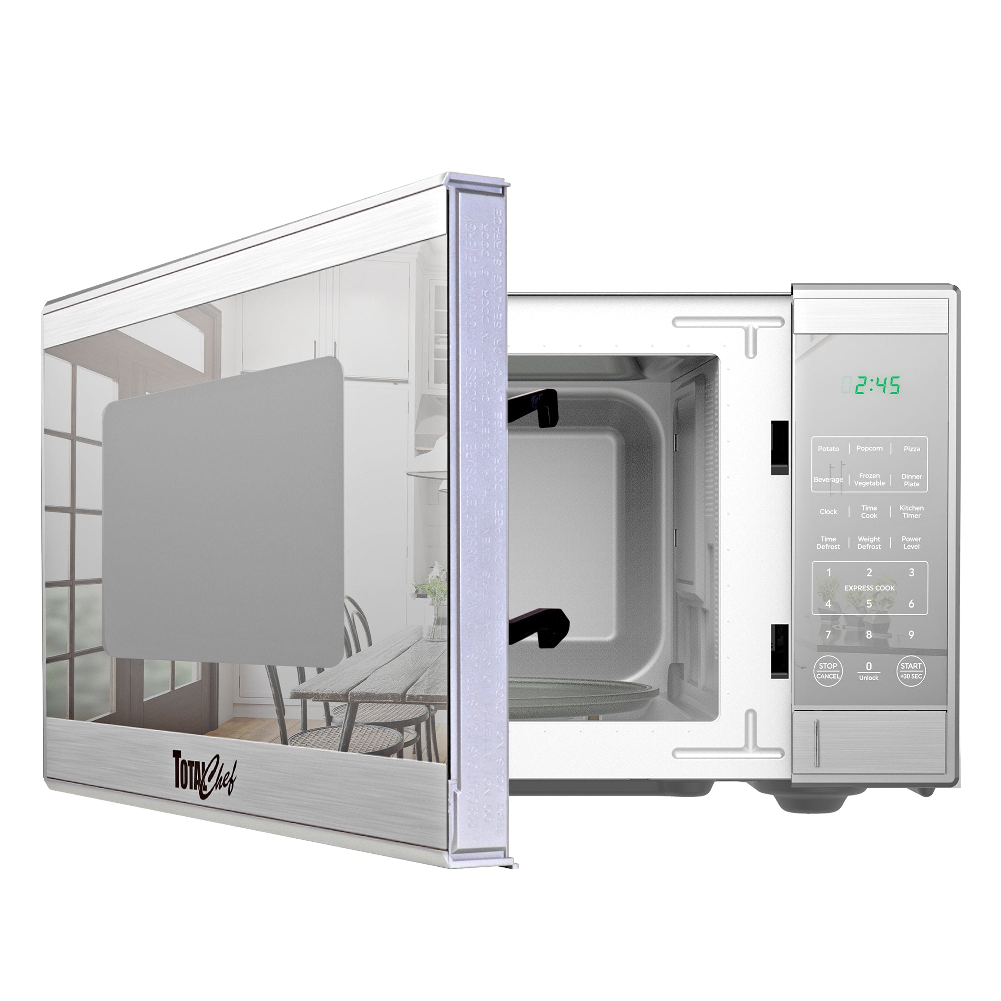Total Chef stainless steel microwave, partly open, on a white background
