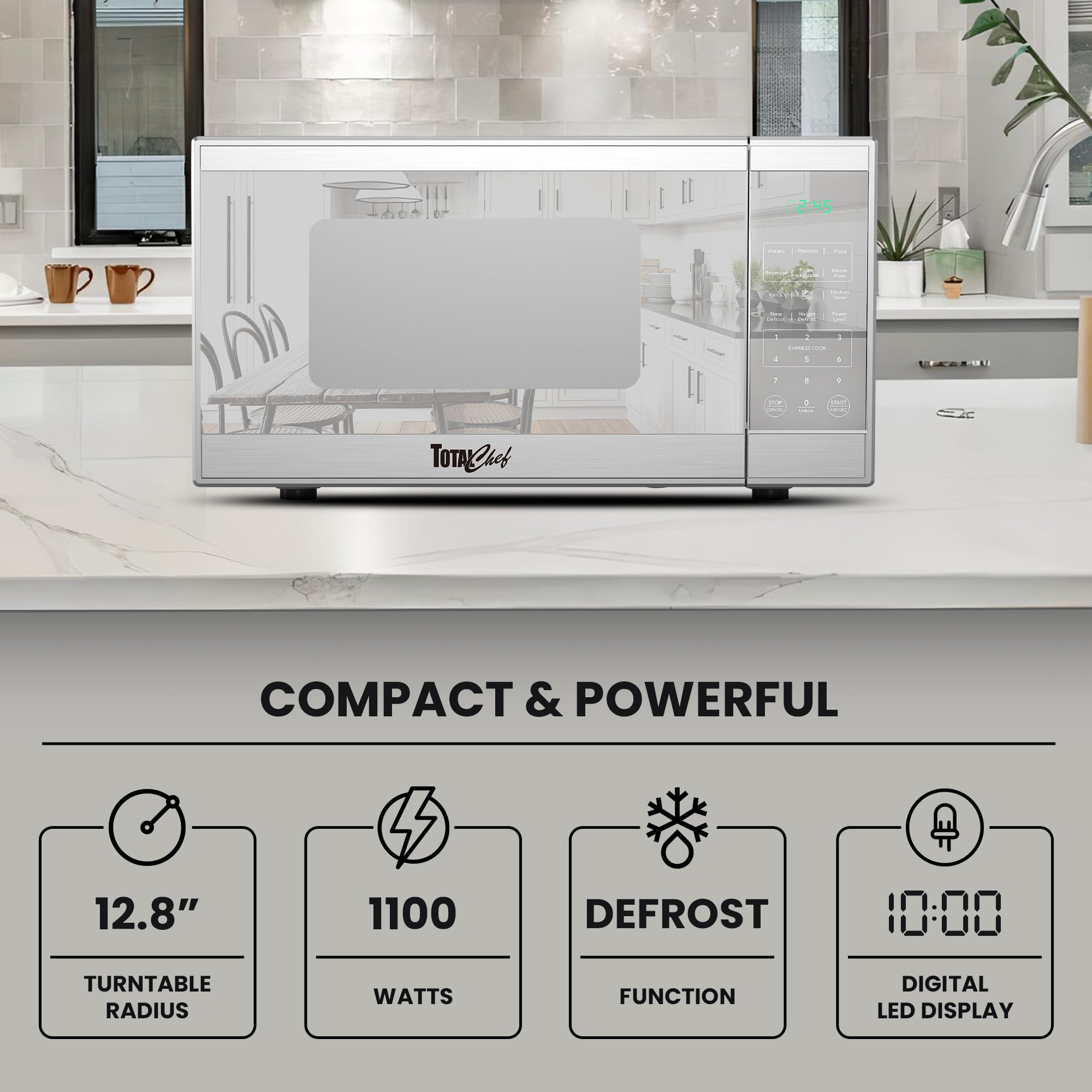 Total Chef stainless steel microwave, closed, on a gray kitchen counter with text and icons below describing features: Compact and powerful; 12.8" turntable radius; 1100 watts; defrost function; digital LED display