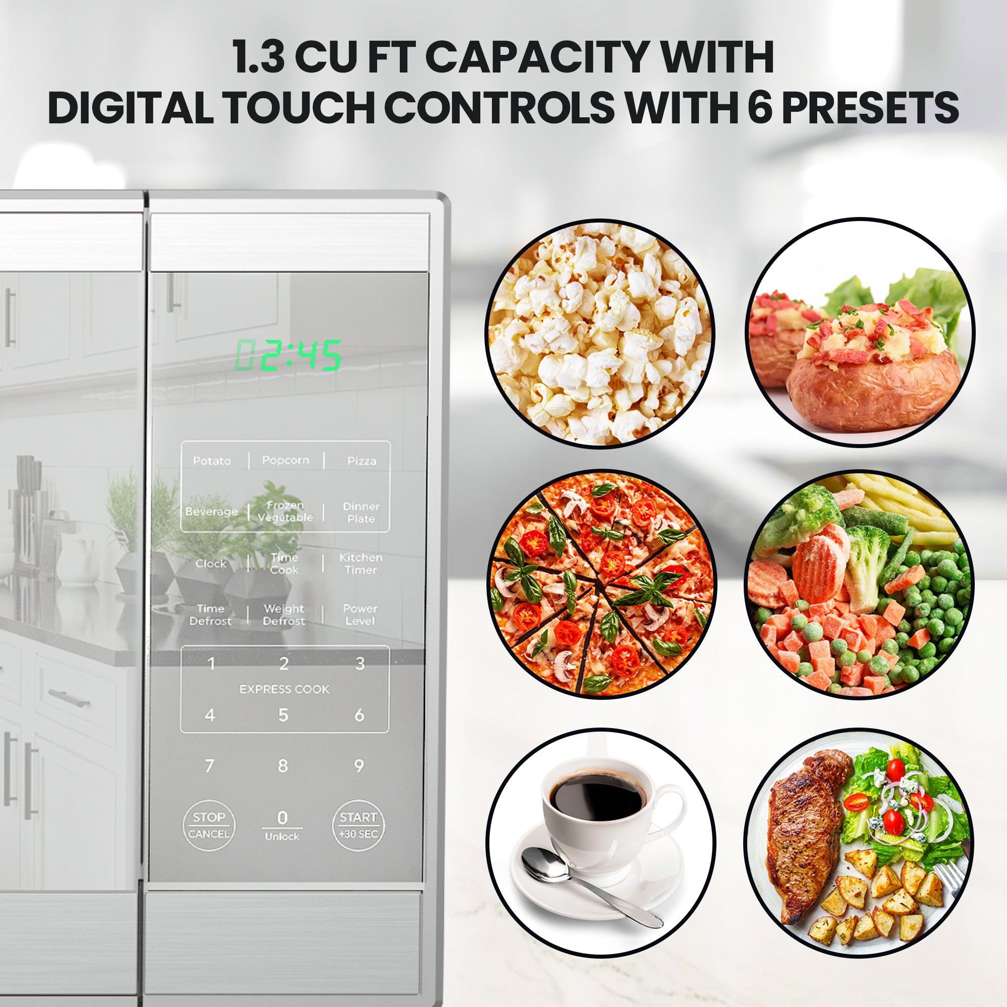 Closeup of the control panel on the Total Chef stainless steel microwave and 6 pictures of different types of food with text above reading, "1.3 cu ft capacity with digital touch controls with 6 presets"