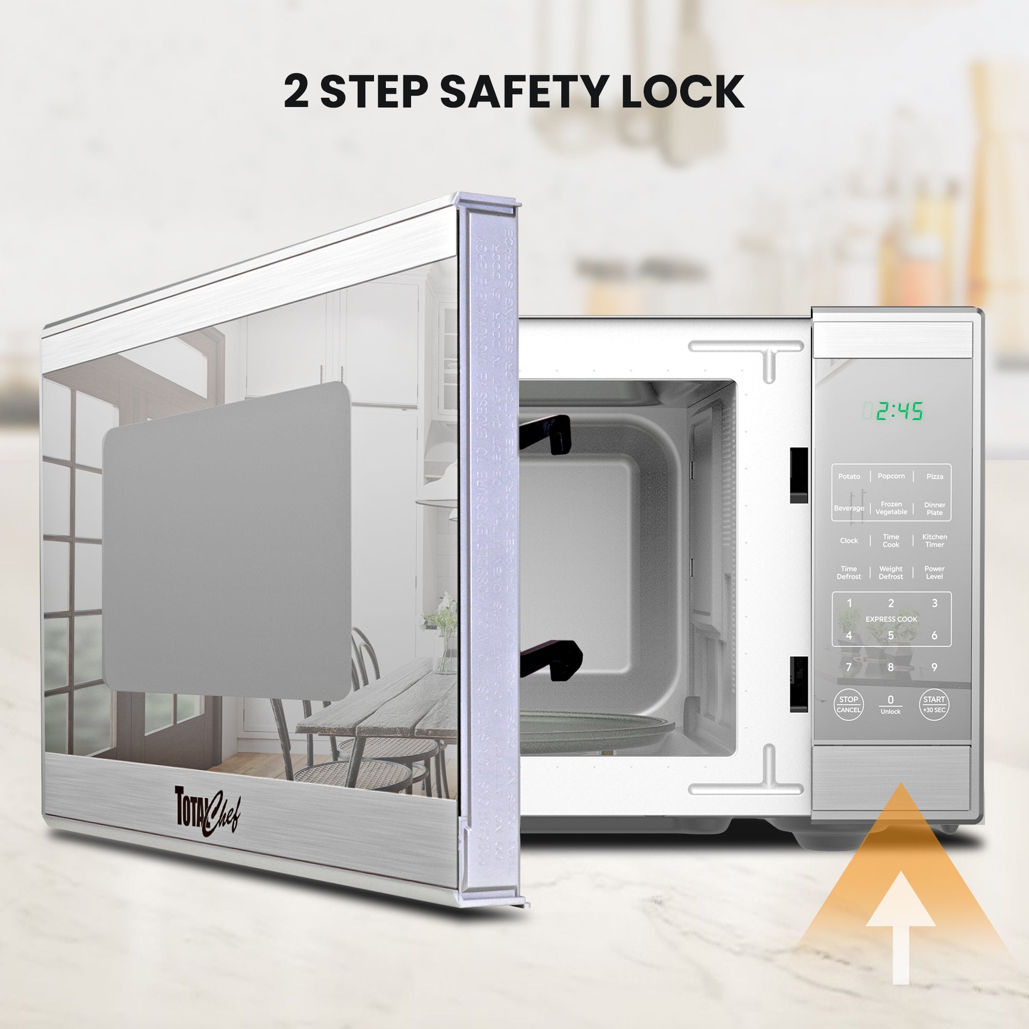 Total Chef stainless steel microwave, partly open, with text above reading, "2-step safety lock"