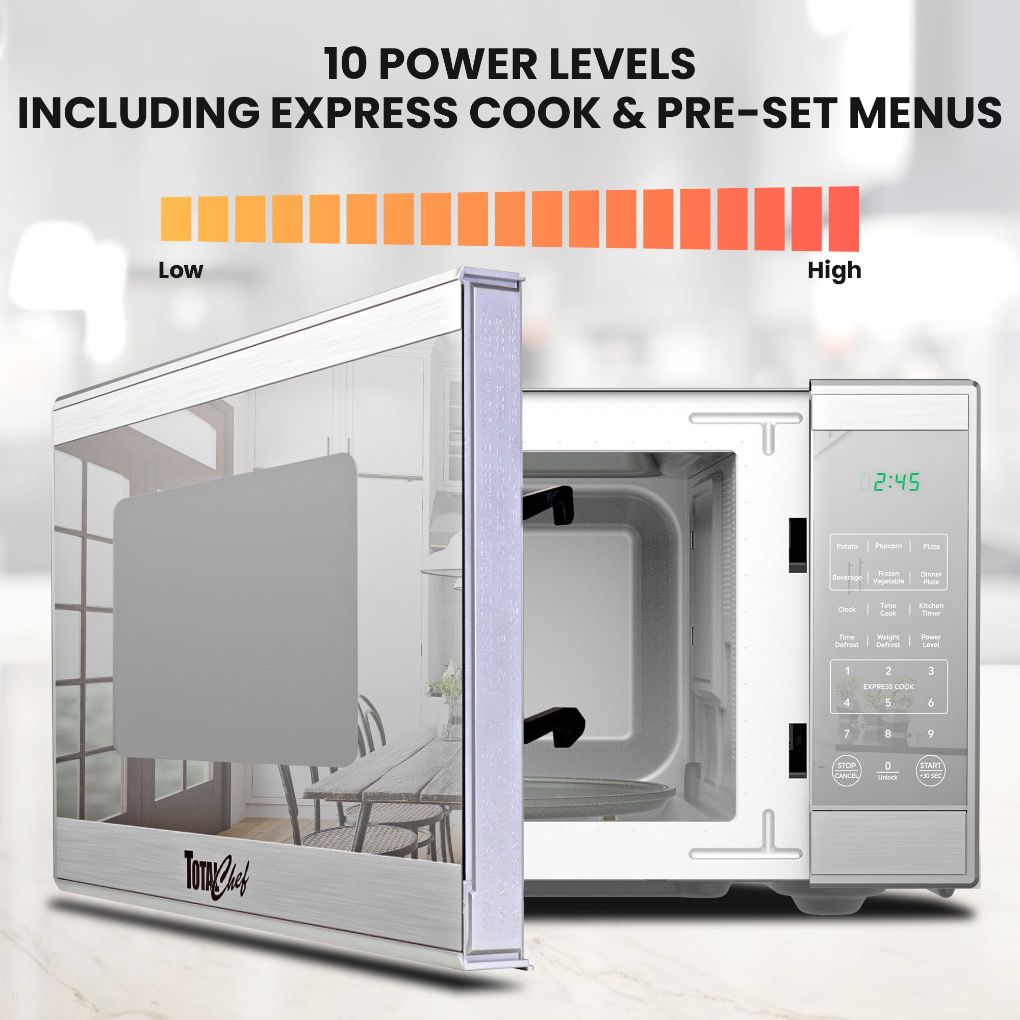 Total Chef stainless steel microwave, partly open, with text above reading, "10 power levels including express cook & pre-set menus"