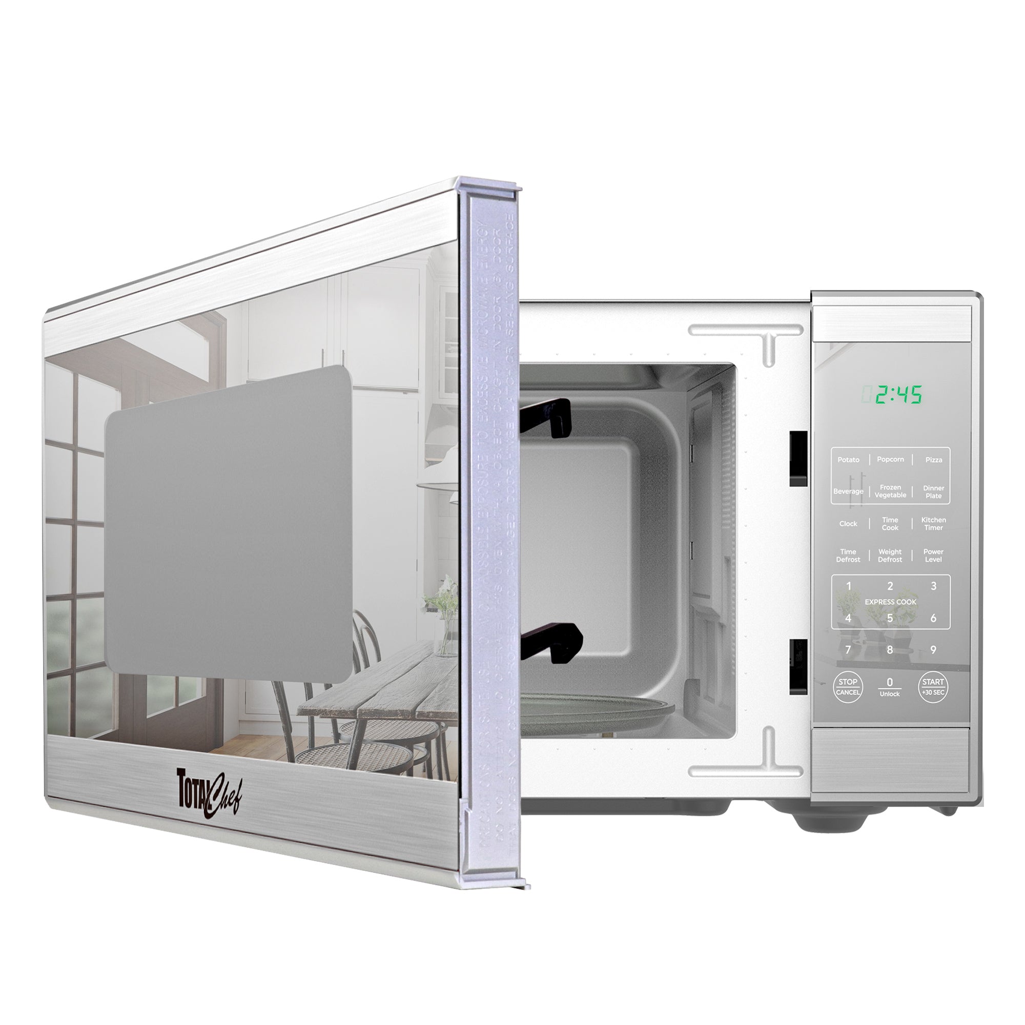 Total Chef stainless steel microwave, partly open, on a white background