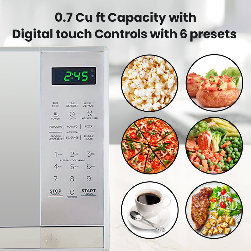 Total Chef Compact Countertop Microwave Oven, 700W, 0.7 Cubic Feet Capacity, Digital Touchscreen Controls, One-Touch Push-Button Opening, 6 Pre-Set Cooking Modes, Silver Stainless Steel