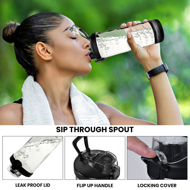 Lifestyle image of a person with light brown skin and dark brown hair pulled back in a bun, wearing a tank top and a white towel around their shoulders, drinking from the travel mug. Text below the image reads, "Sip-through spout," and below that are three closeup images of features, labeled: 1. Leak-proof lid; 2. Flip-up handle; 3. Locking cover.