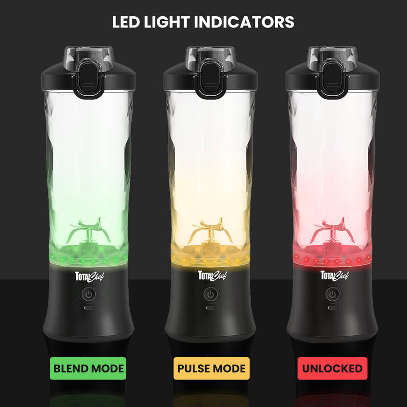Three product shots of the Total Chef cordless blender show the LED lights glowing green, yellow, and red. Text above reads, "LED light indicators." Text below each blender states what mode the color represents: Green is blend mode, yellow is pulse mode, and red is unlocked.