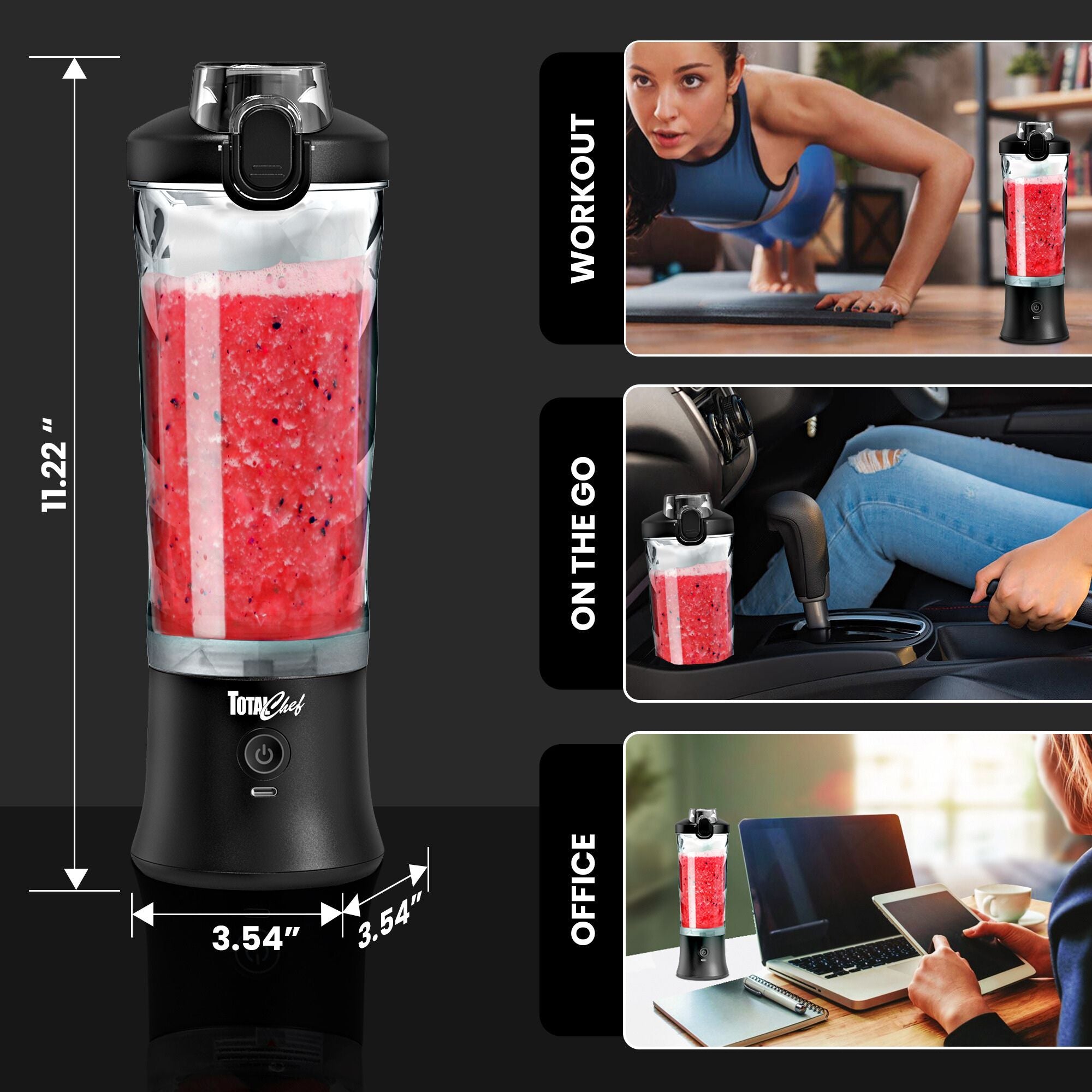 On the left is a product shot of the Total Chef portable blender filled with bright red smoothie on a black background with dimensions labeled. Three inset images on the right show settings where you could use the blender, labeled: Workout; on the go; and office.